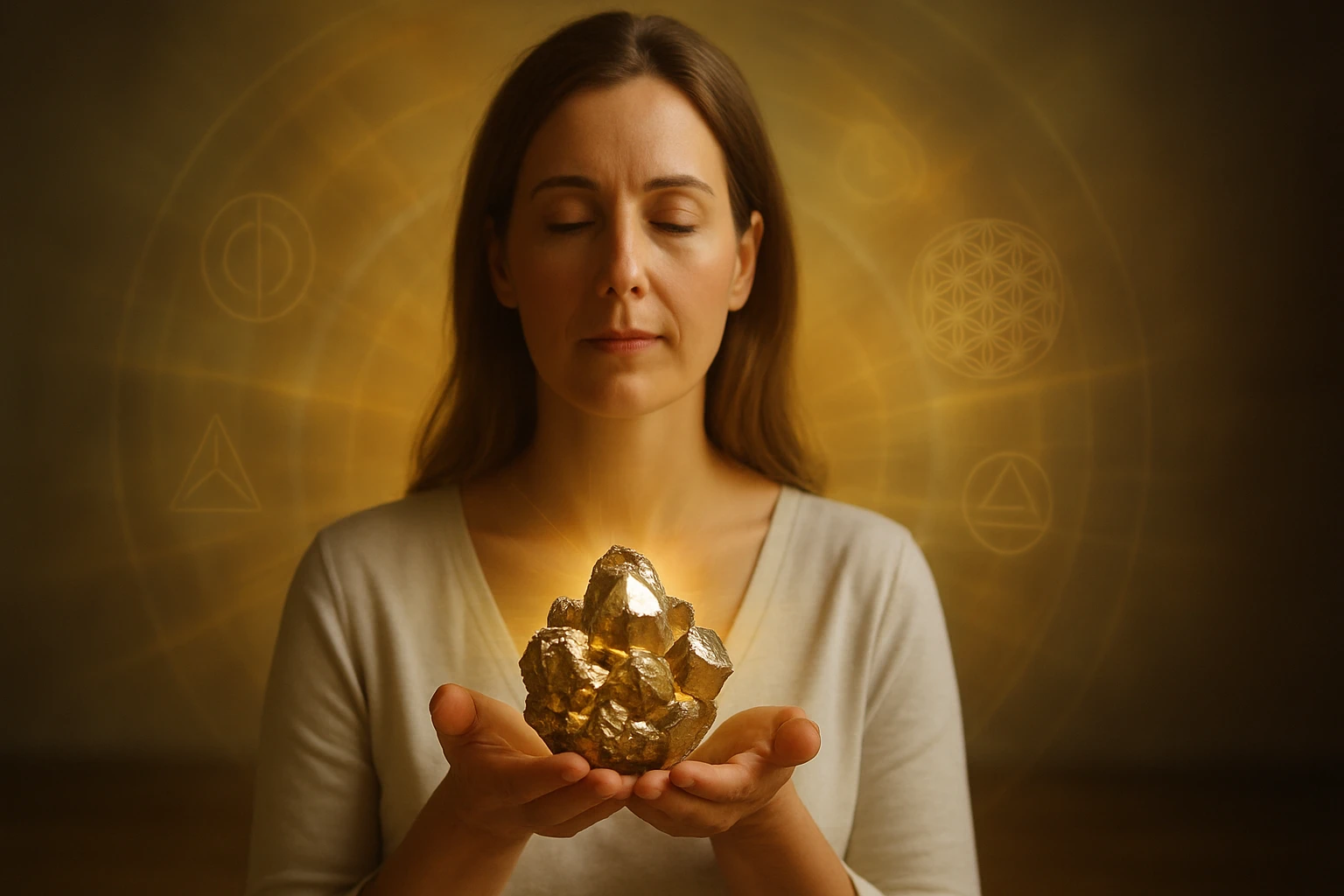 Egy nő arany színű kristályokat tart a kezében, meditáló pózban.