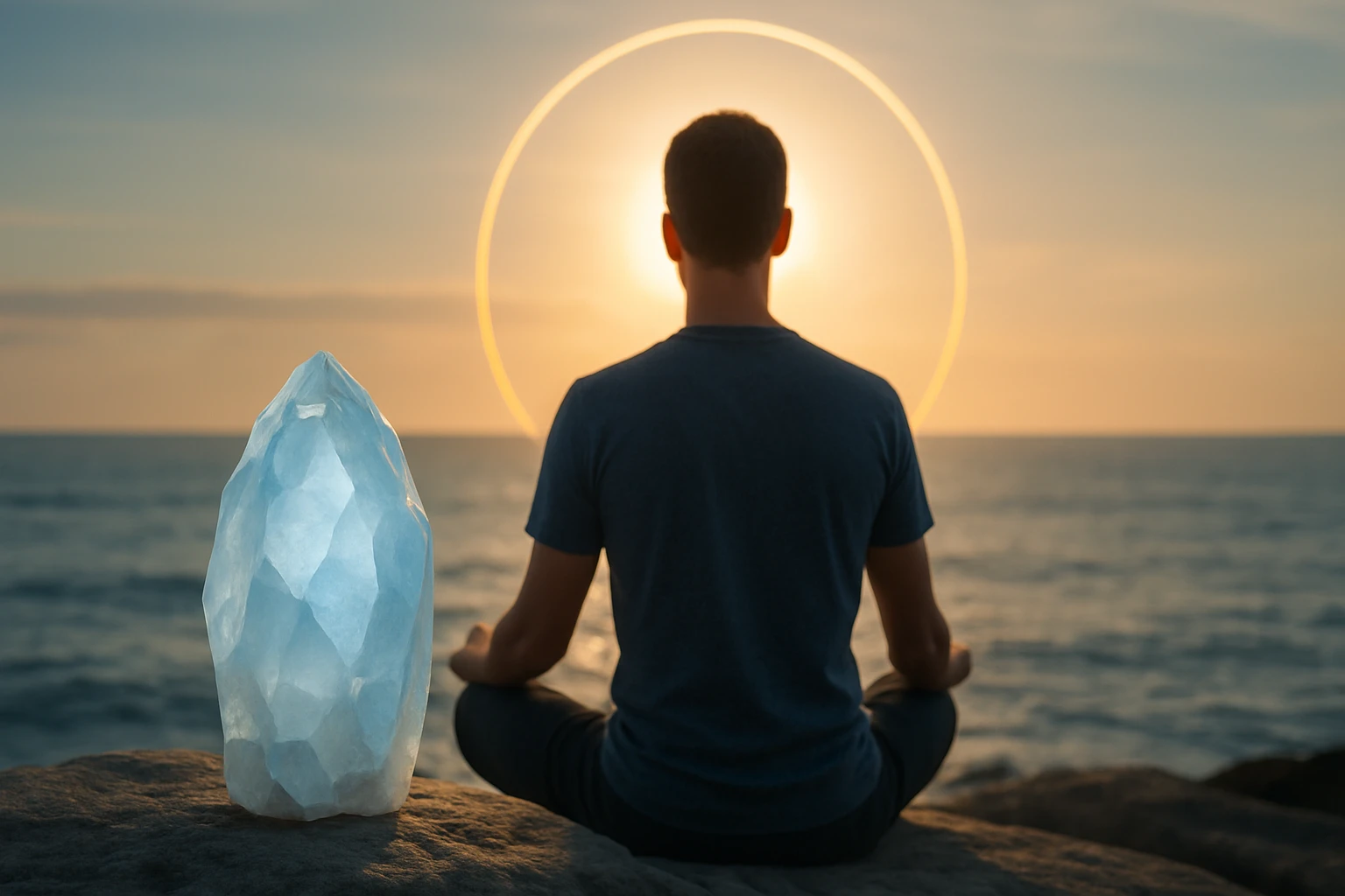 Egy férfi meditál a tengerparton, mellette egy kék kristály, naplementében.