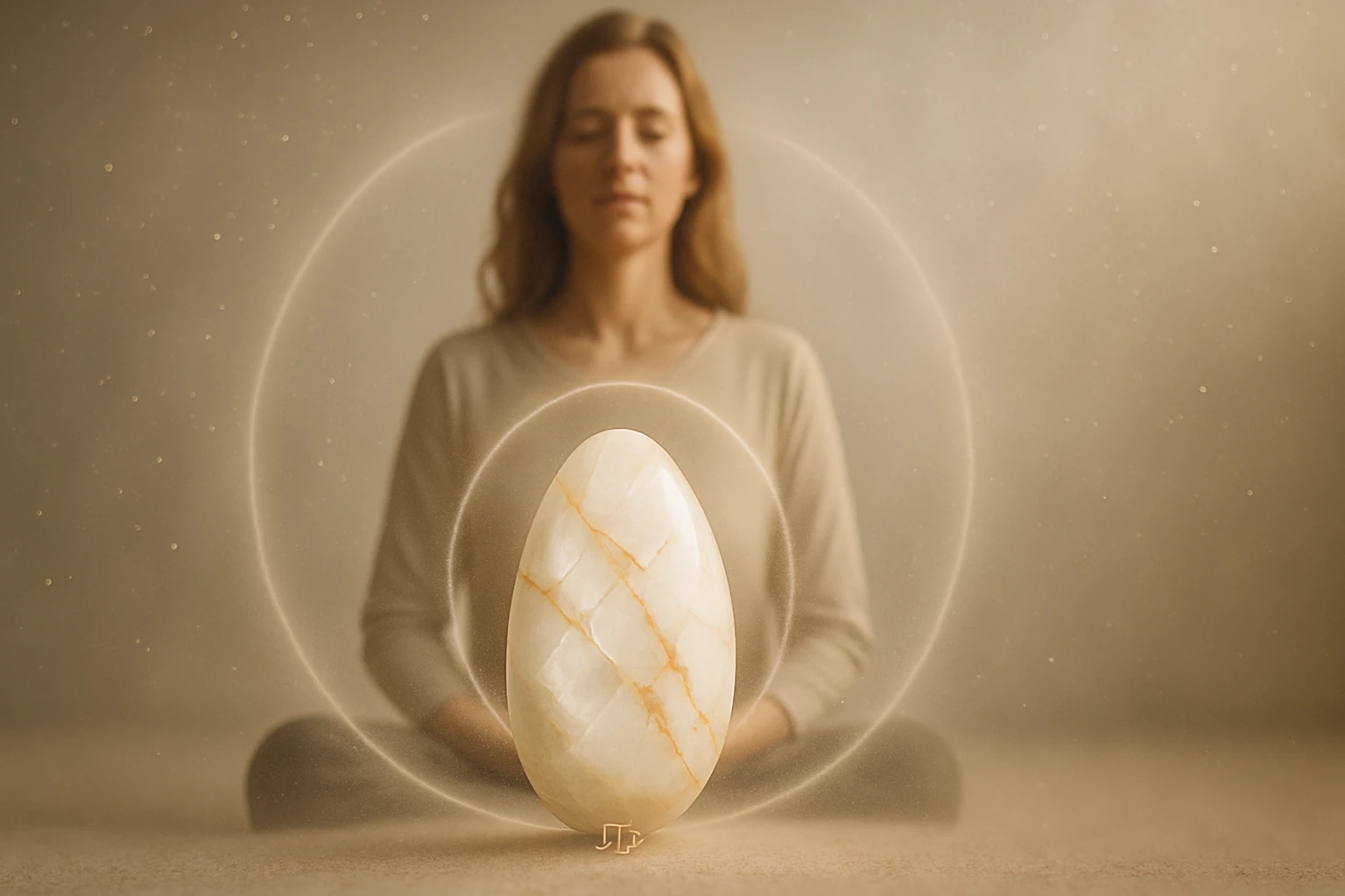 Egy nő meditál egy fénylő, tojás alakú kristály előtt, nyugodt környezetben.
