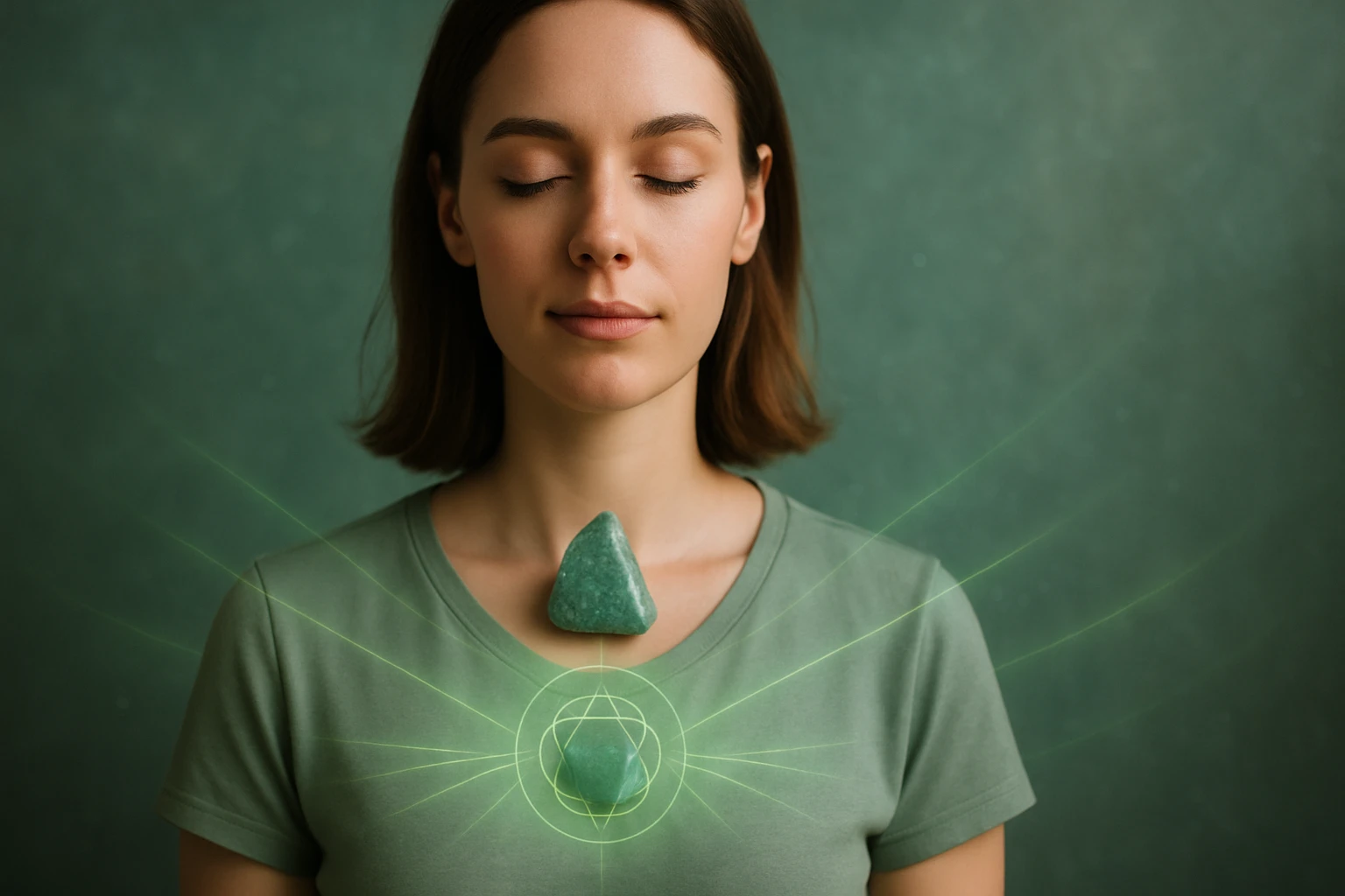 Egy fiatal nő meditál, zöld kövekkel a mellkasán, nyugodt arckifejezéssel.