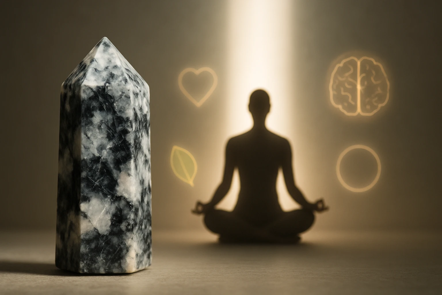 Egy fekete-fehér márvány kristály, háttérben meditáló figura és szimbólumok.