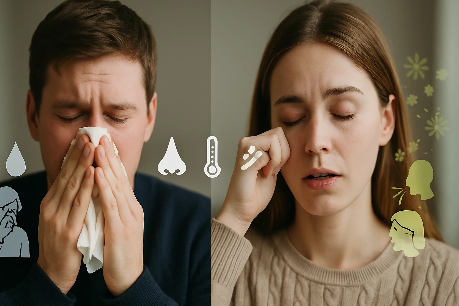 Egy férfi zsebkendőt használ, míg egy nő fájdalmas arckifejezéssel szenved.