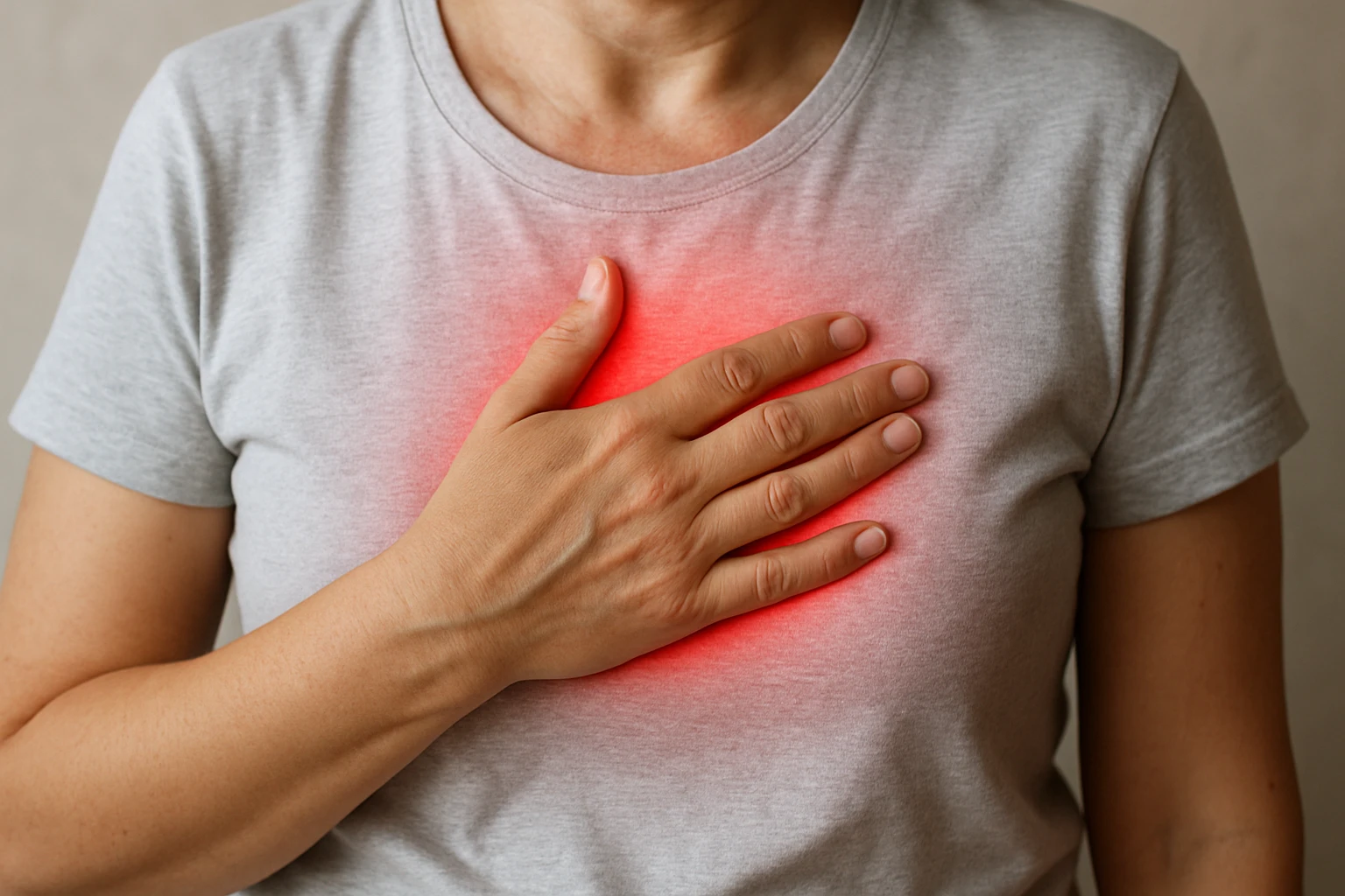 Egy nő a mellkasánál fájdalmat jelez, kezét a szívére helyezve.