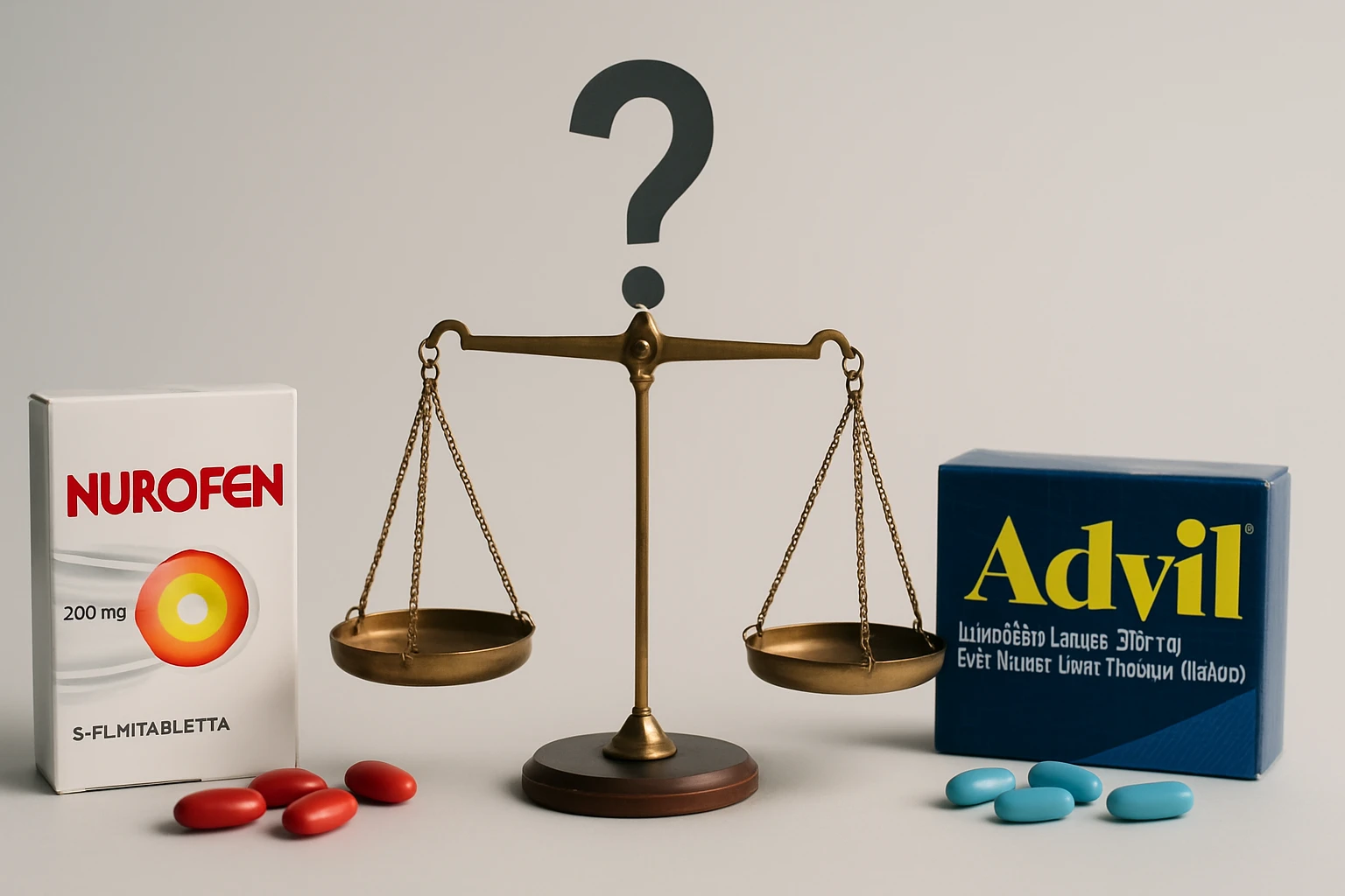 Két gyógyszer, a Nurofen és az Advil, egy mérlegen, kérdőjellel a háttérben.