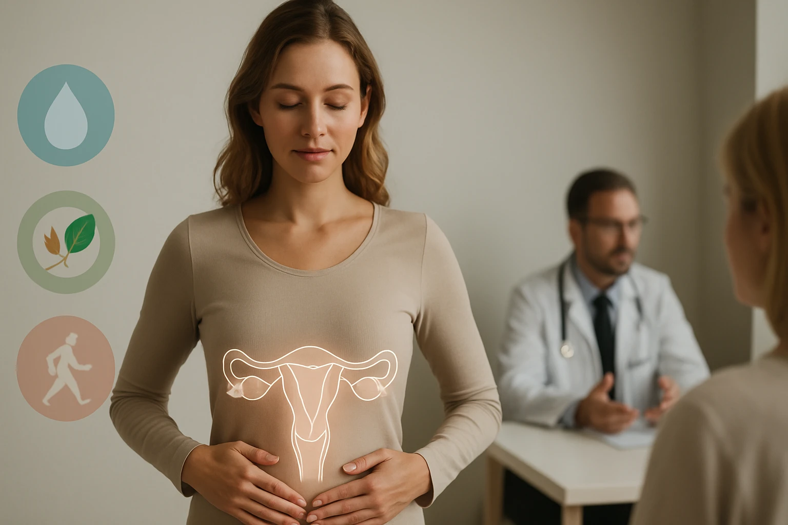 Egy nő a hasánál tartja a kezét, miközben nőgyógyászati szimbólum látható.