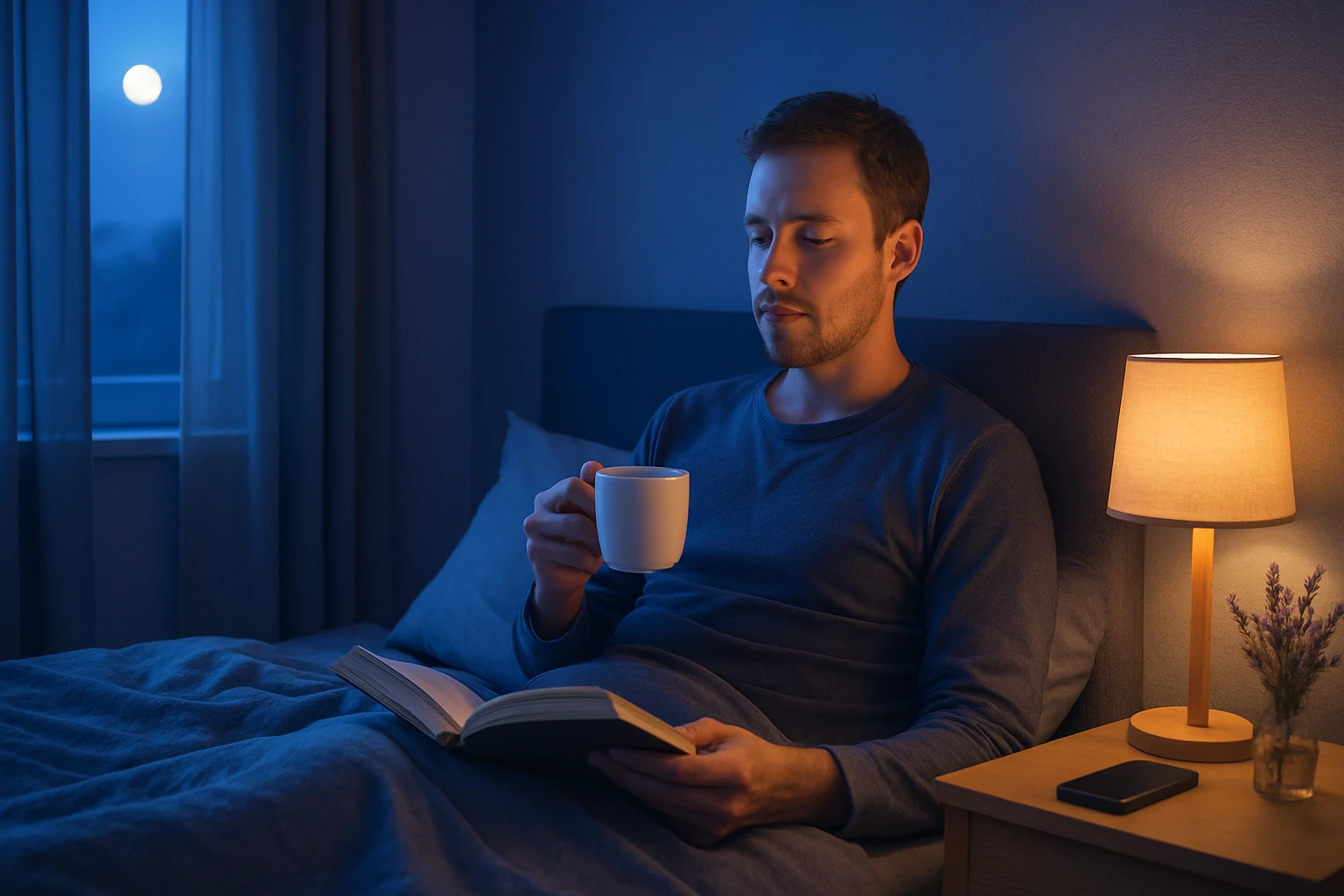 Egy férfi könyvet olvas a hálószobájában, miközben egy csésze italt tart a kezében.