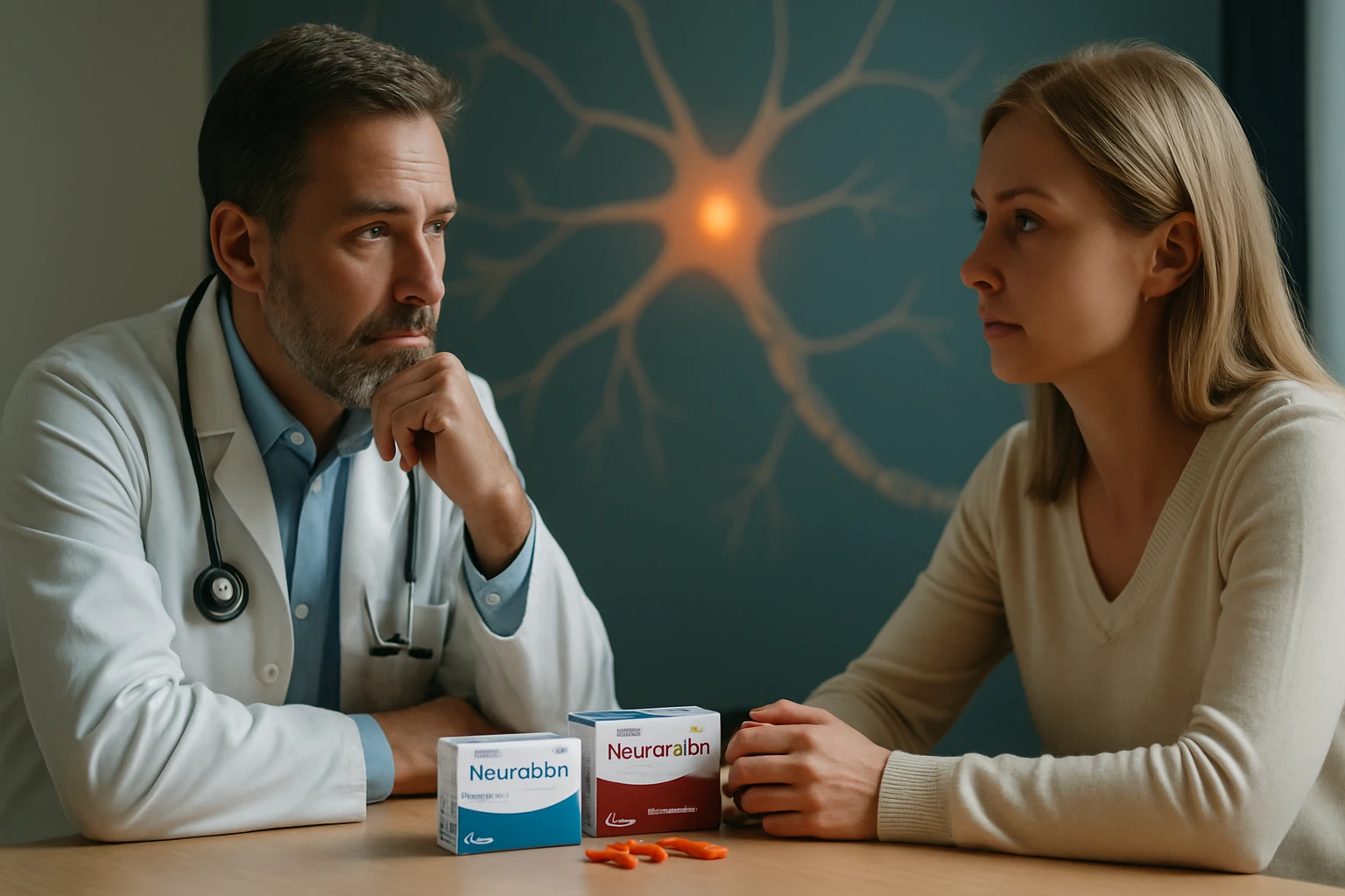 Egy orvos és egy nő beszélgetnek, gyógyszerek láthatók az asztalon.