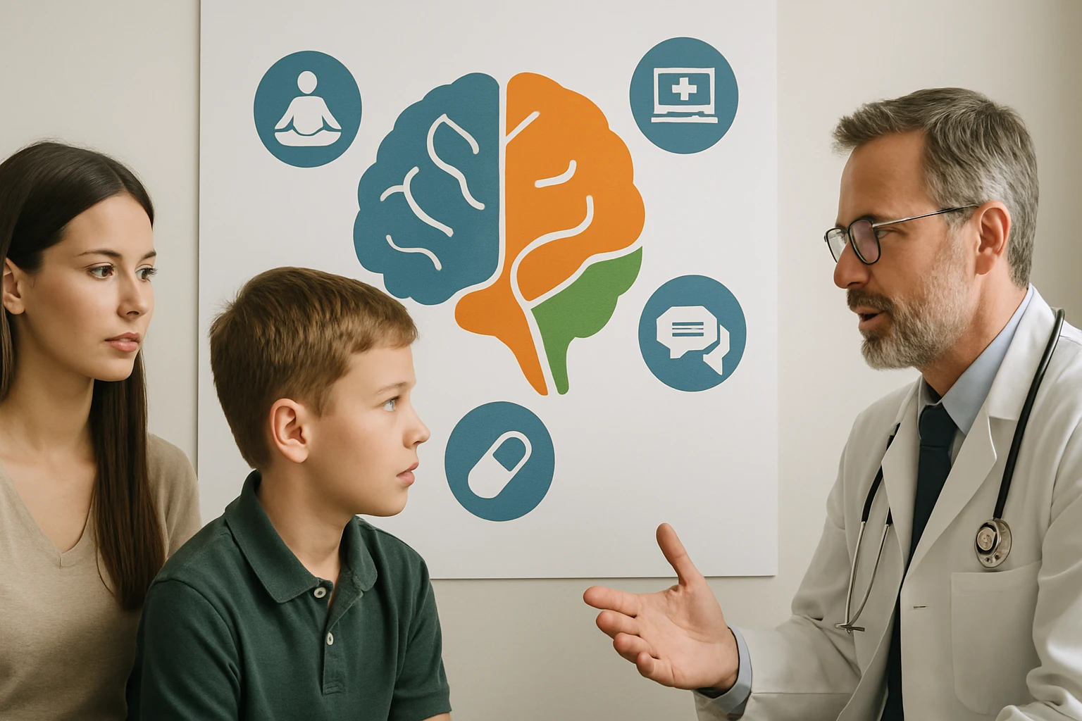 Egy orvos beszélget egy gyermekkel és anyukájával, háttérben agyábrázolás.