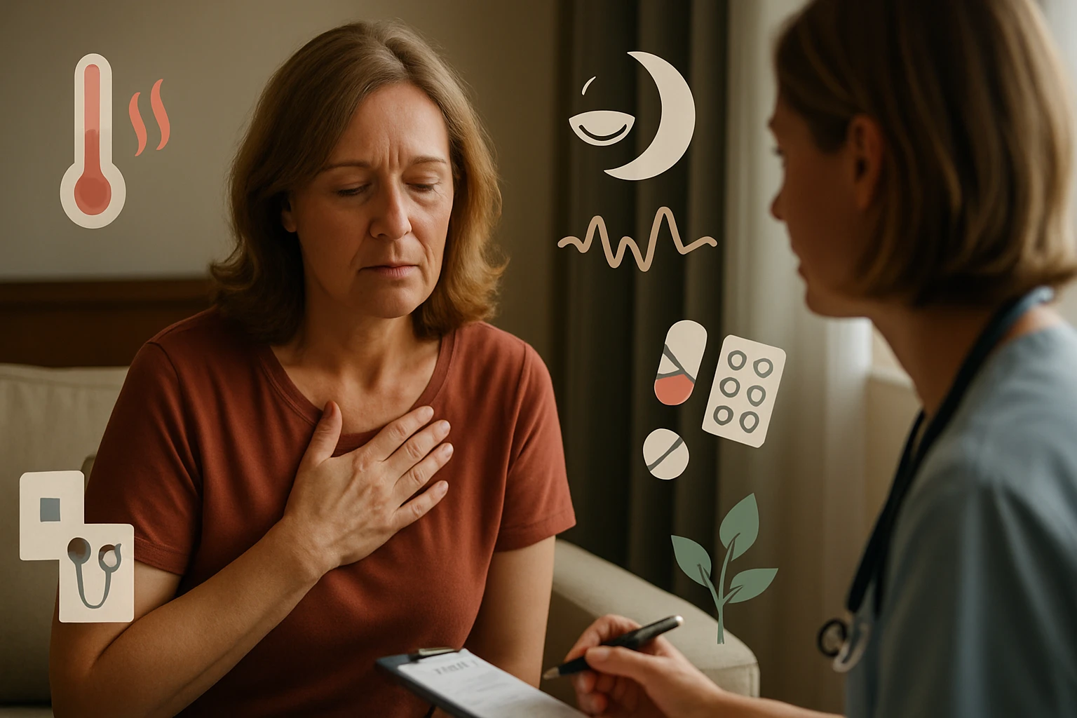 Egy nő orvosi vizsgálaton, kezét a mellkasán tartja, látható a hőmérő és gyógyszerek.