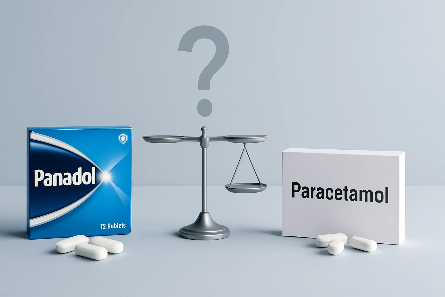 Két gyógyszer, Panadol és Paracetamol, mérleggel a középpontban.