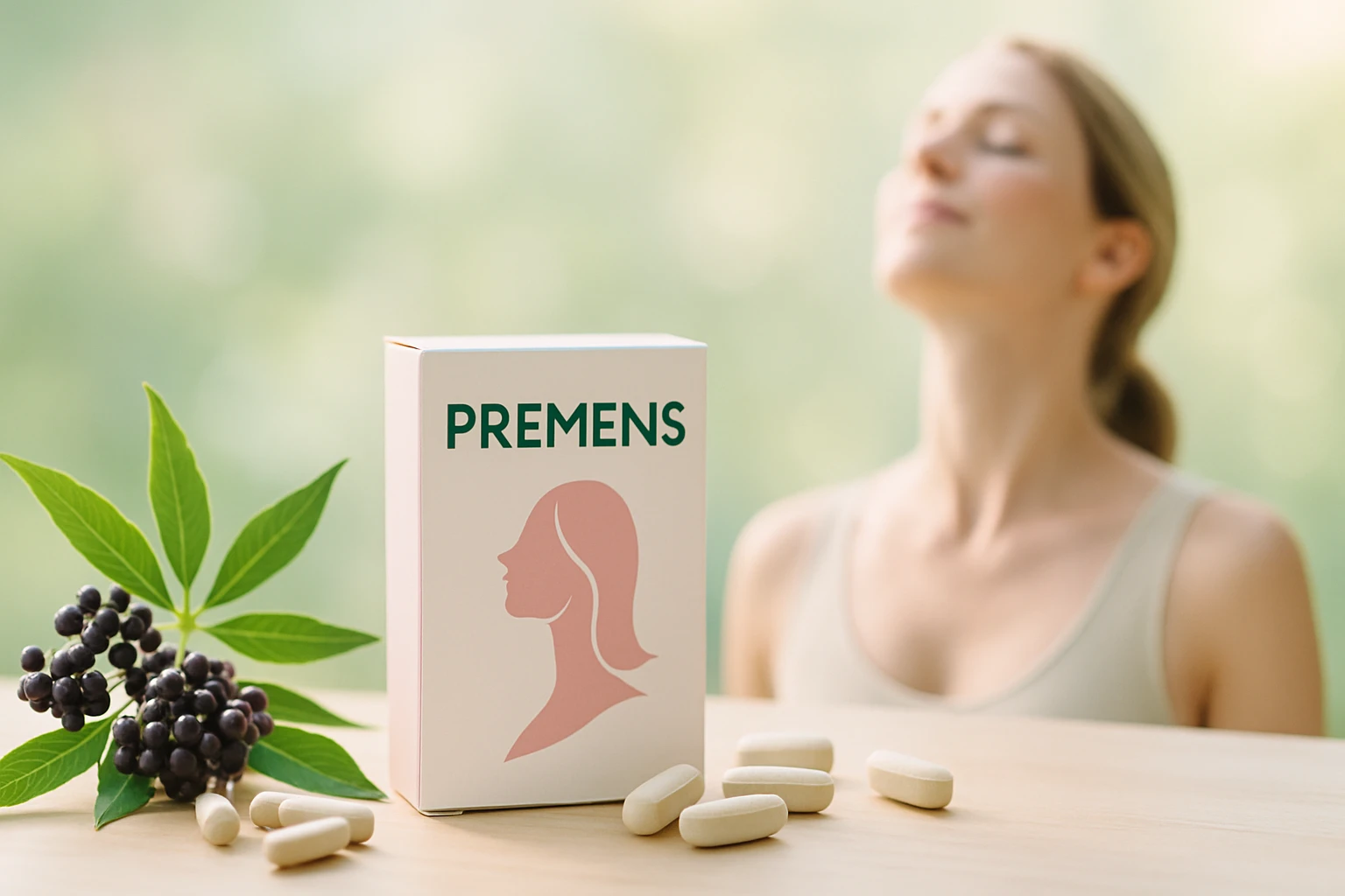 Egy nő relaxál, miközben a PREMENS étrend-kiegészítő doboza és tabletták láthatók.