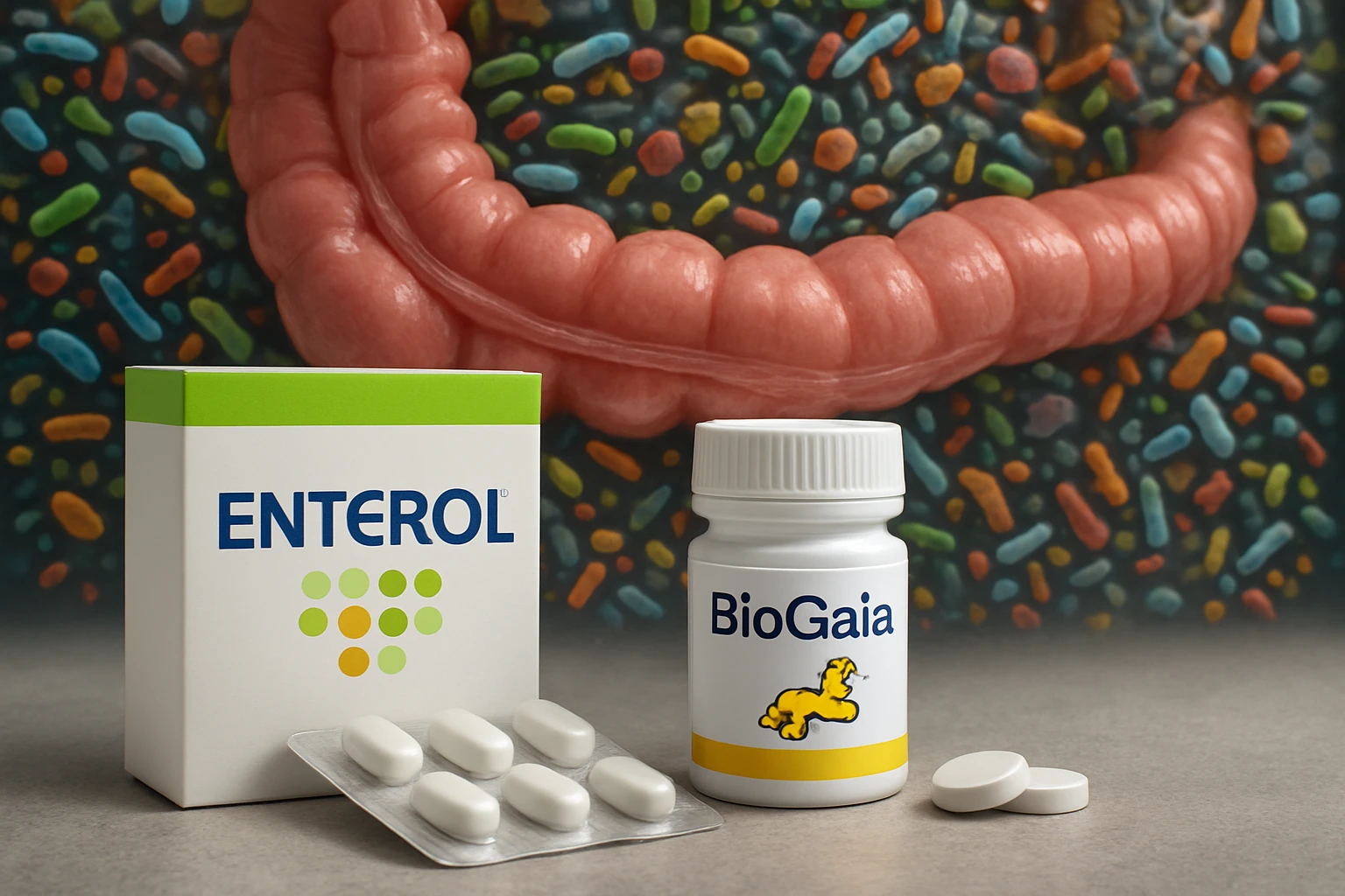 Probiotikumok és prebiotikumok csomagolása a bélflóra támogatására.