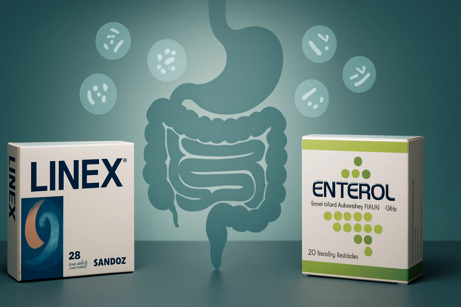 Két probiotikum doboza, a Linex és az Enterol, emésztőrendszeri háttérrel.