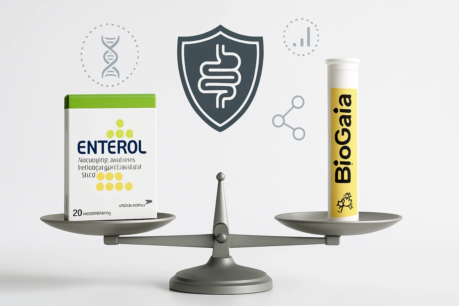 Két probiotikum, az Enterol és a BioGaia, mérlegen, egészségügyi szimbólumokkal.