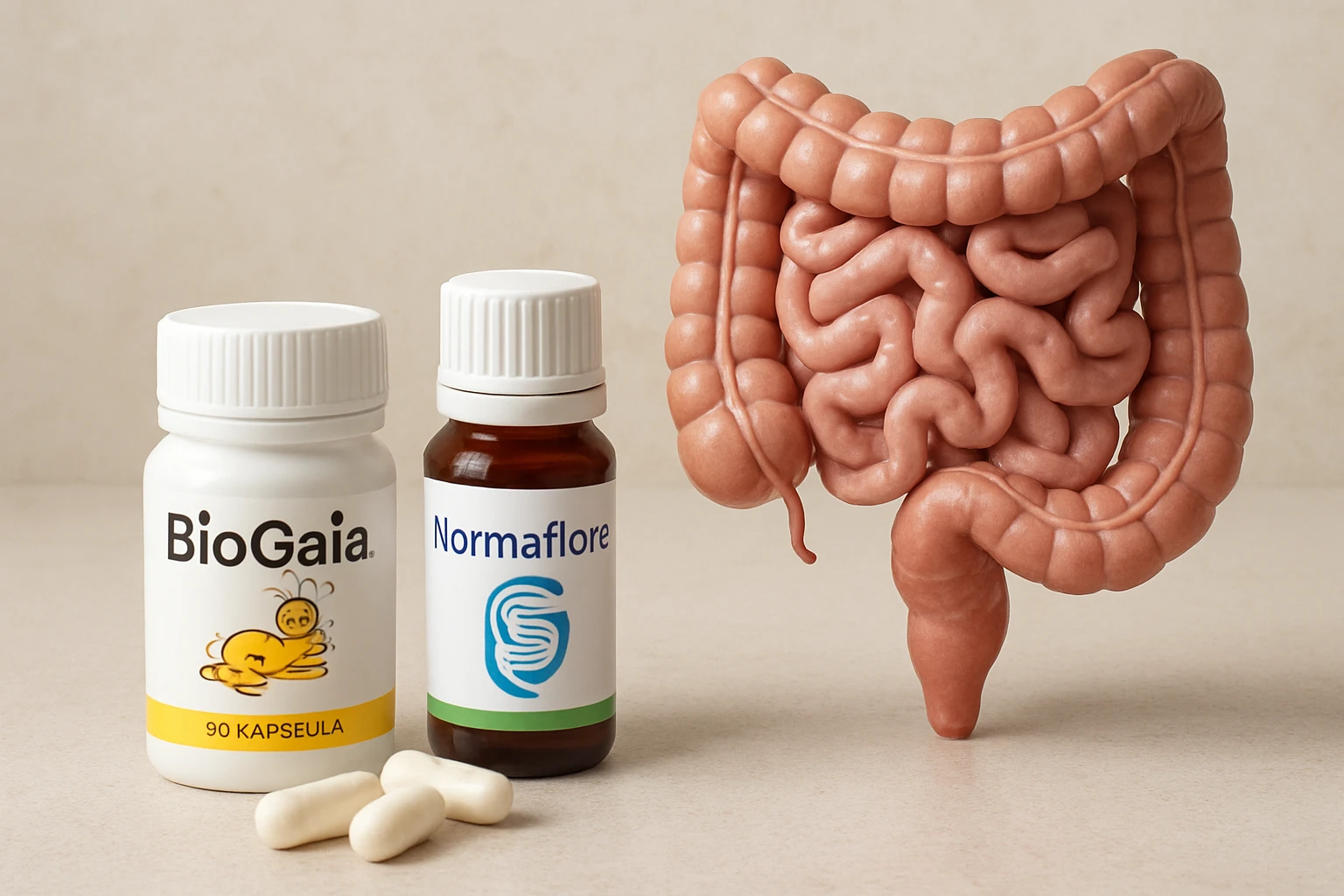 Két probiotikus készítmény és egy emberi bélmodellt ábrázoló kép.
