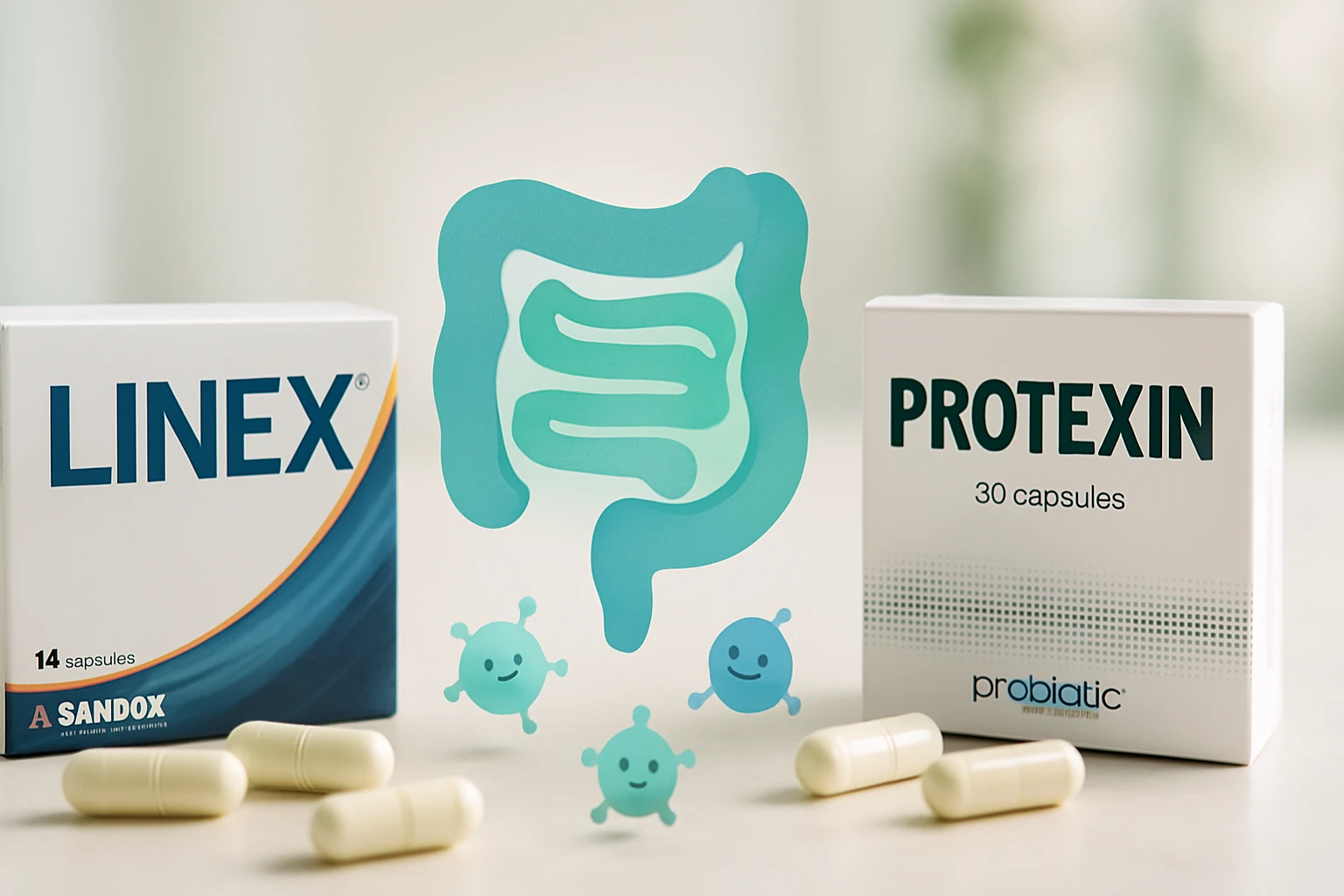 Két probiotikus kiegészítő doboza, mellettük kapszulák és egy stilizált bélábra.