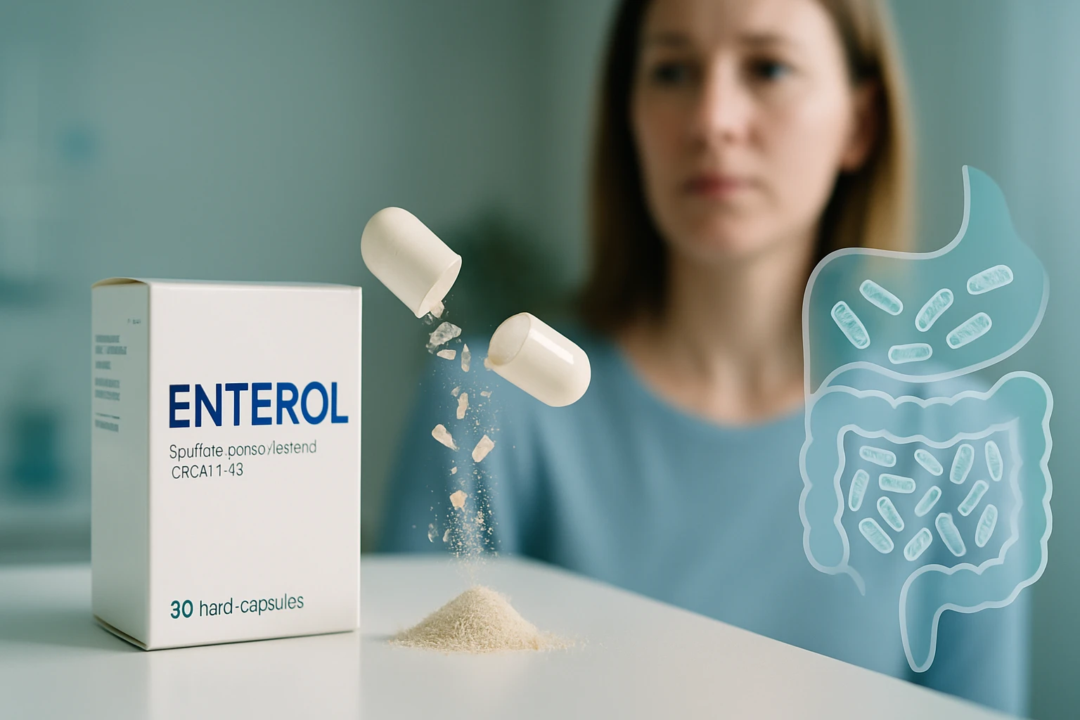 Egy Enterol doboz, mellette lebegő kapszulák és probiotikumok illusztrációja.