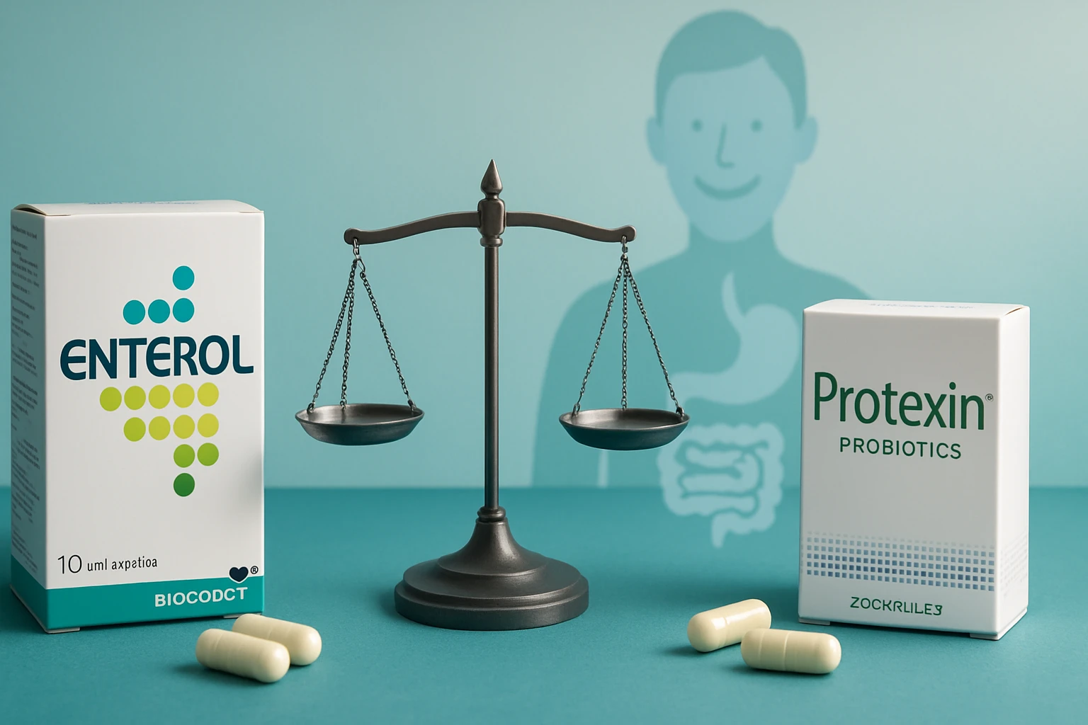 Két probiotikum doboza, egy mérleg mellett, egészségügyi kontextusban.