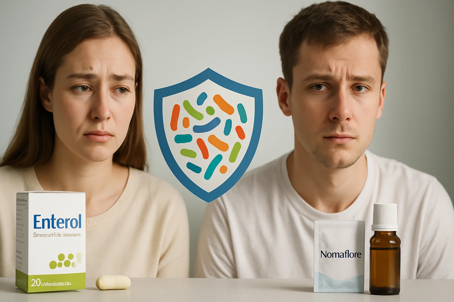 Két fiatal felnőtt, szomorú arccal, probiotikumokkal és gyógyszerekkel.