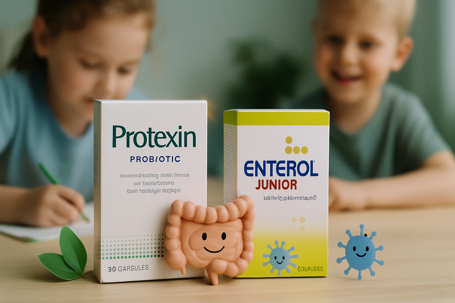 Két probiotikum doboz, Protexin és Enterol Junior, mellettük egy mosolygó bél figura.