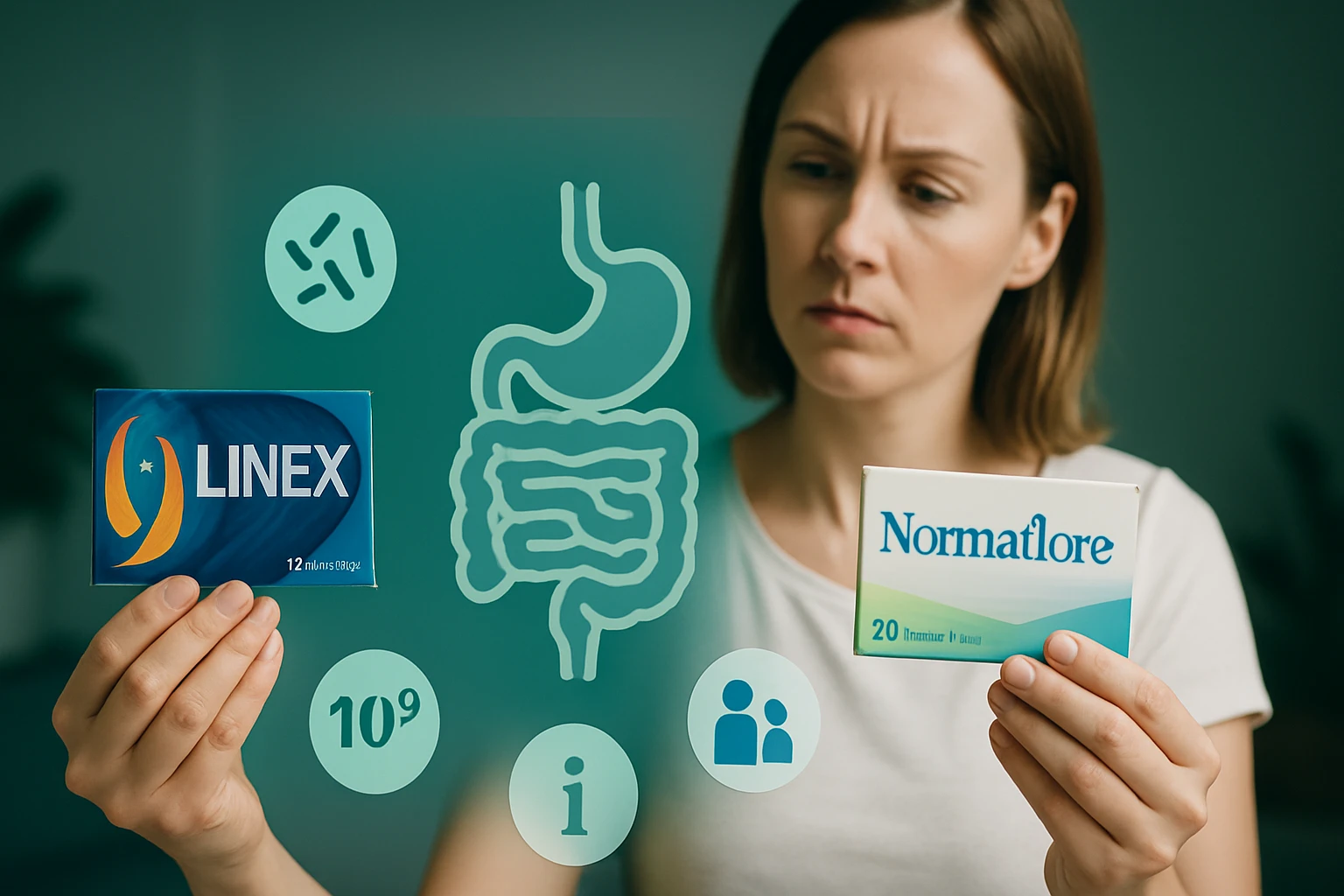 Egy nő két probiotikumot tart a kezében, miközben a bélflóráról gondolkodik.