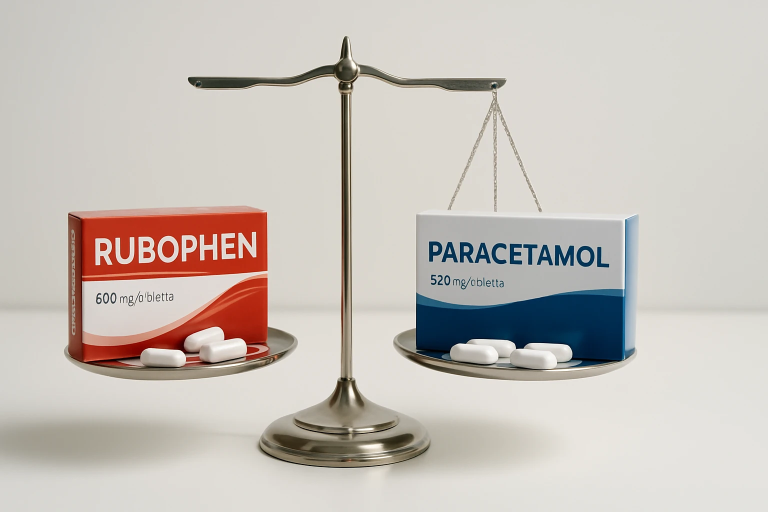 Két gyógyszer doboza, Rubophen és Paracetamol, egy mérlegen.