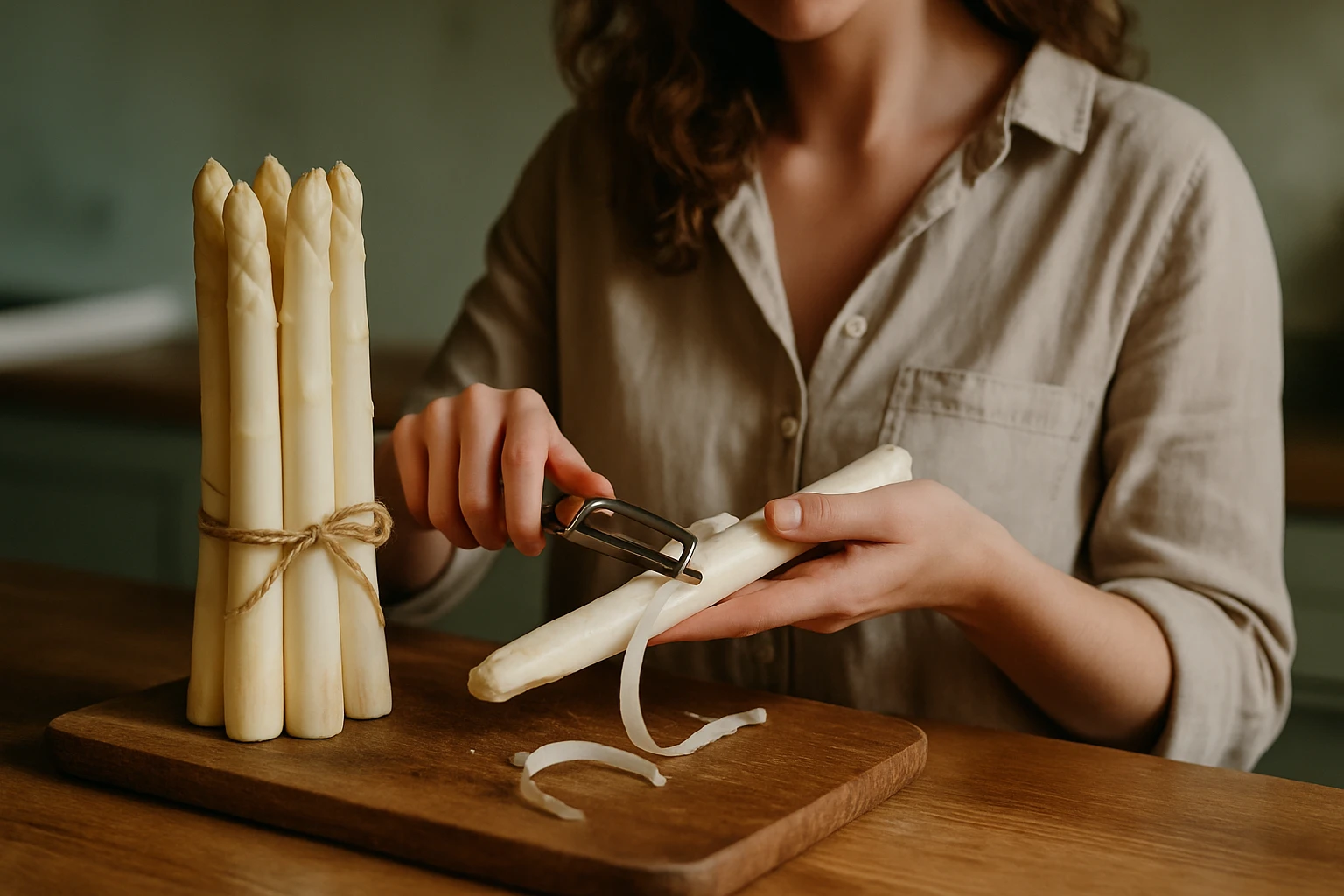 Egy nő zöldséghámozót használ, hogy spárgát hámozzon egy vágódeszkán.