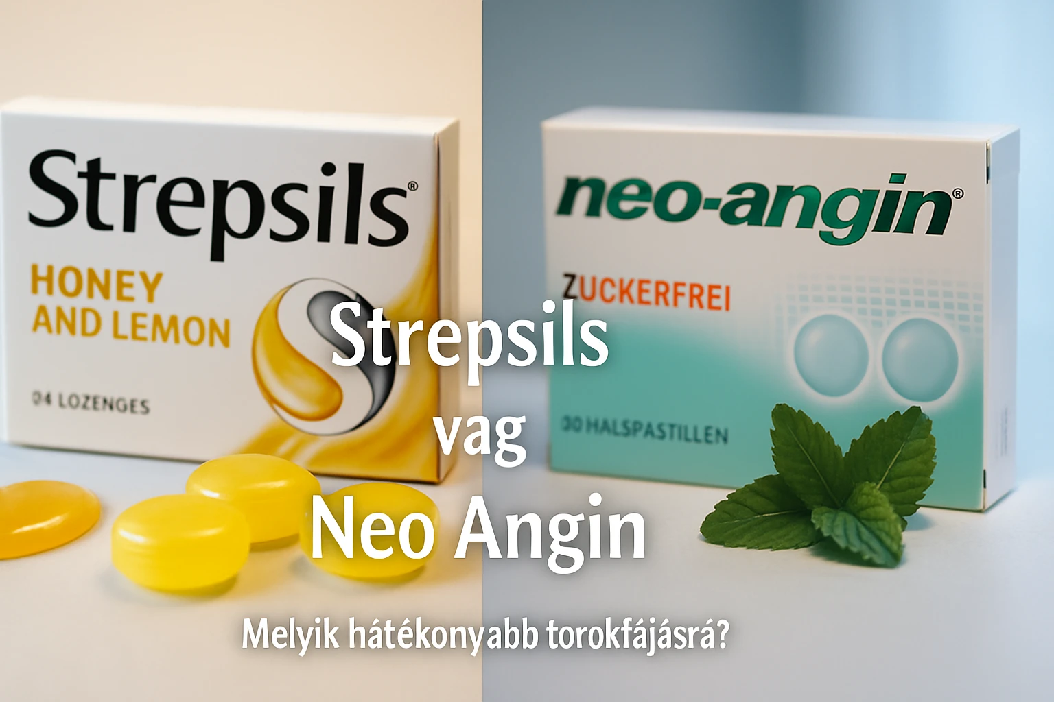 Két torokfertőtlenítő termék, a Strepsils és a Neo Angin doboza, sárga és zöld színben.