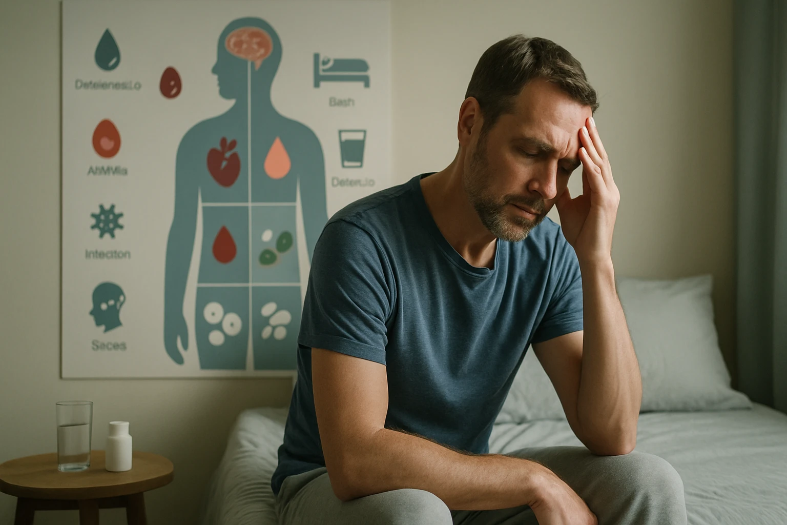 Egy férfi ül az ágyon, kezét a fején tartva, láthatóan stresszes vagy szorongó állapotban.