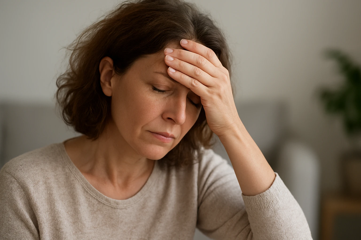 Fáradt nő, aki a homlokát fogja, láthatóan stresszes vagy szorongó állapotban.