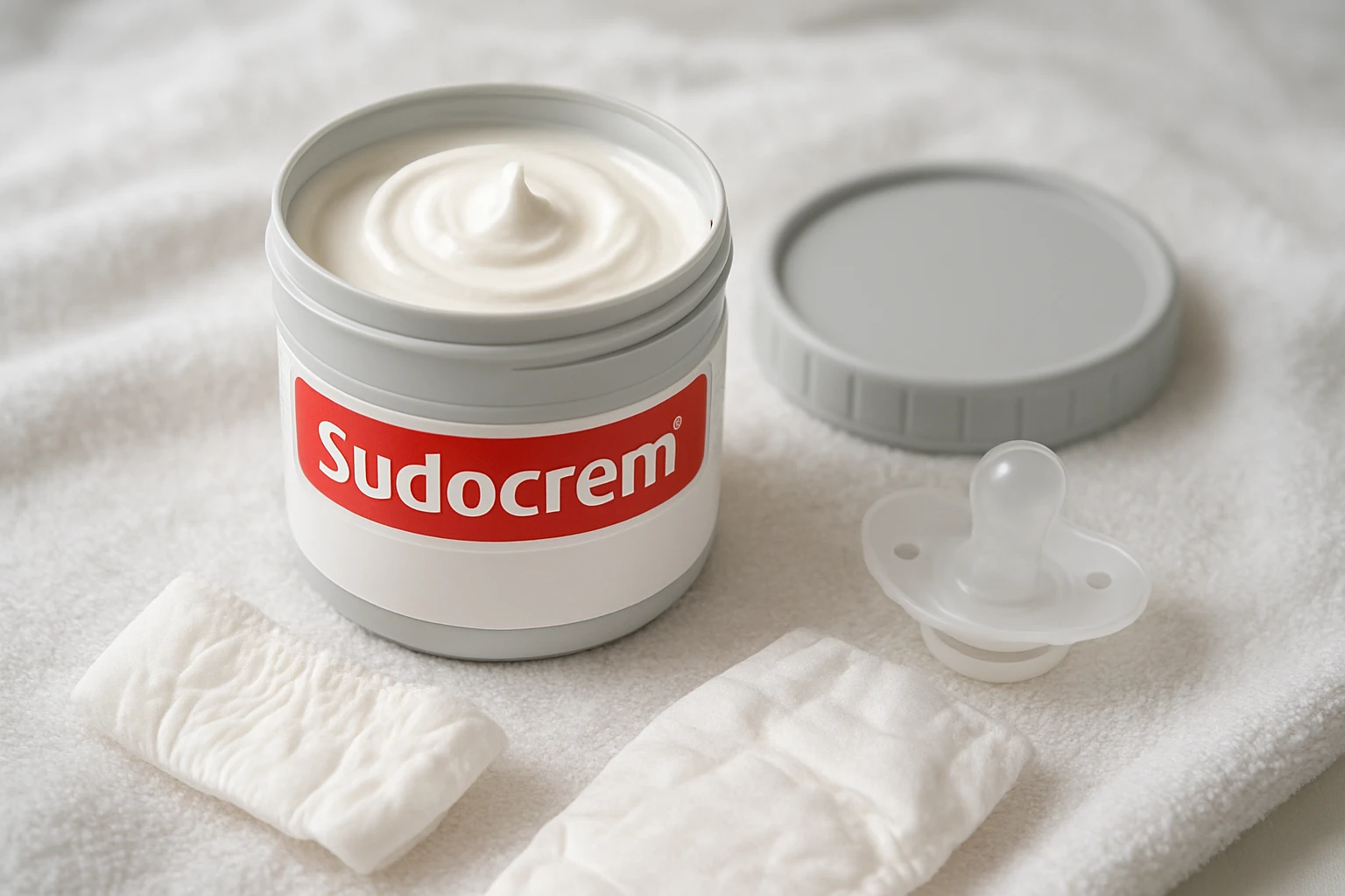 Egy Sudocrem tégely, mellette egy cumi és fehér textilpelenka.