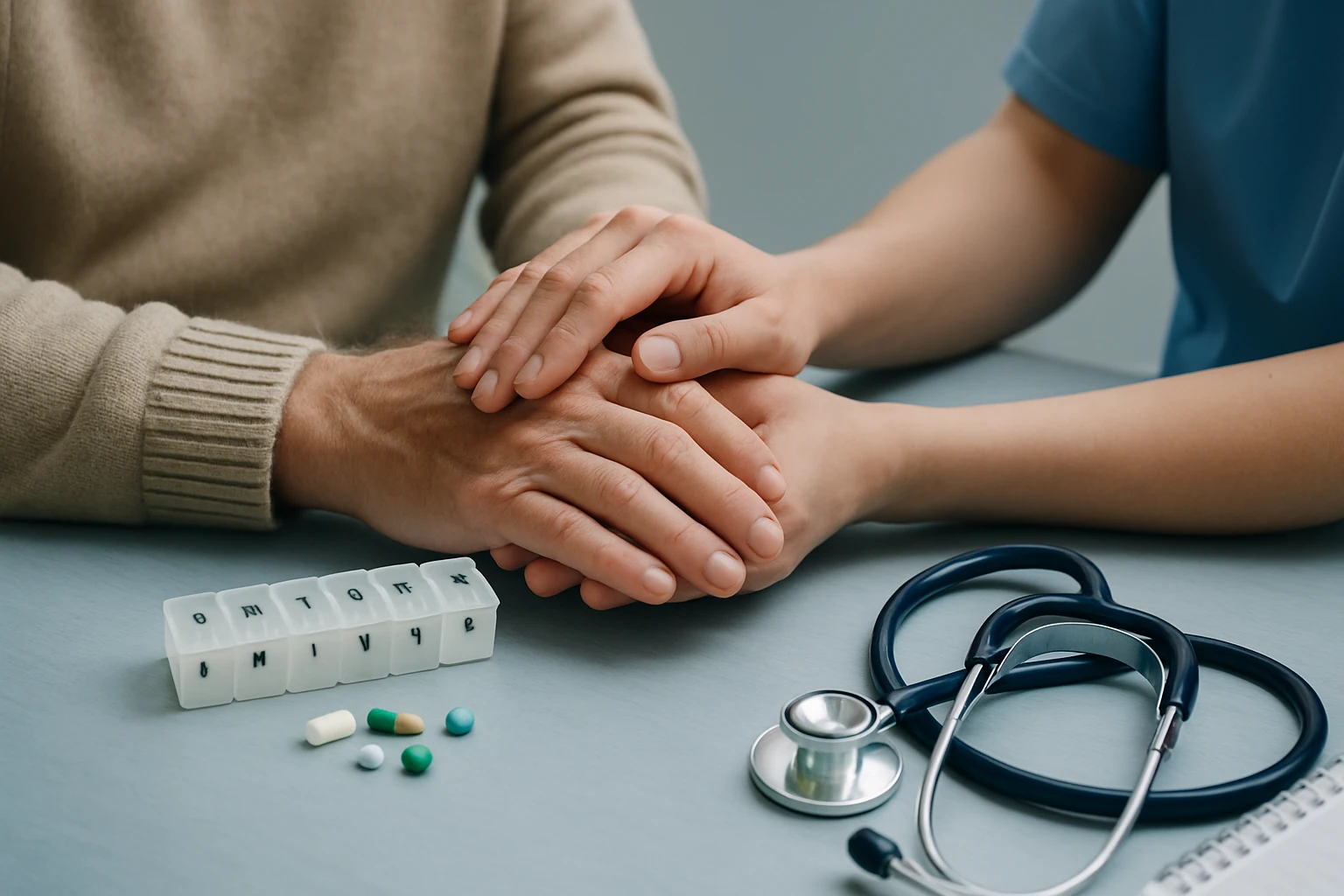 Két kéz összekulcsolva, gyógyszerek és sztetoszkóp mellett.