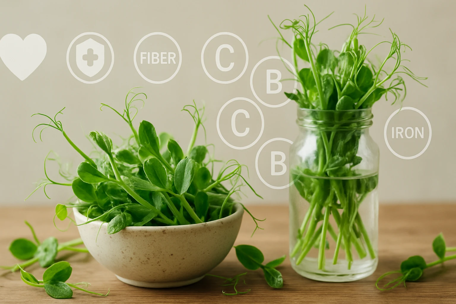 Friss borsóhajtások egy tálban és üvegben, tápanyagokkal jelölve.