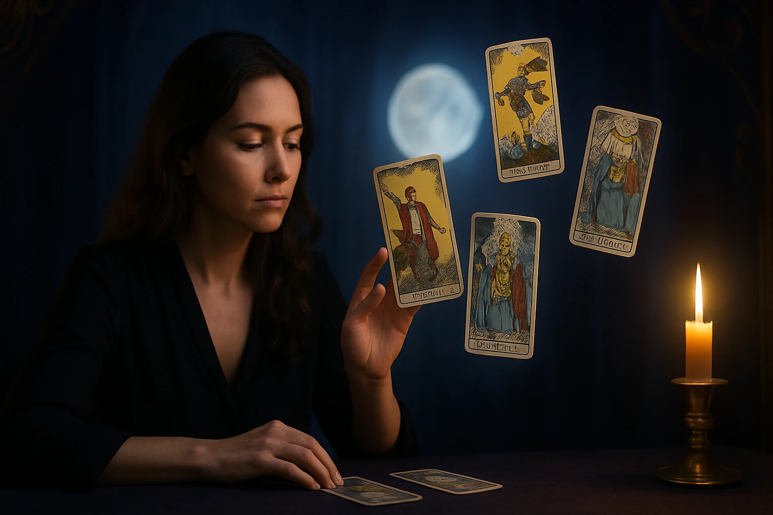 Egy nő tarot kártyákat néz, miközben egy gyertya világít mellette.