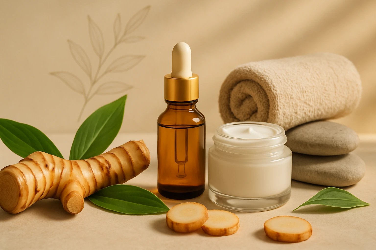 Természetes bőrápoló termékek, köztük olaj, krém és gyökérszeletek.