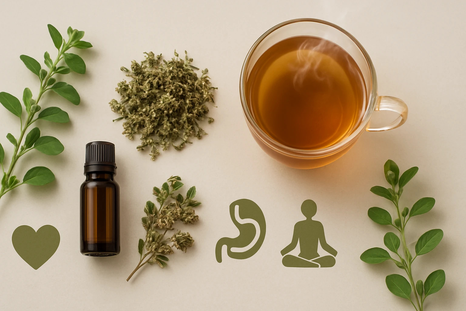 Egy csésze gőzölgő tea, mellette gyógynövények és illóolaj üveg.
