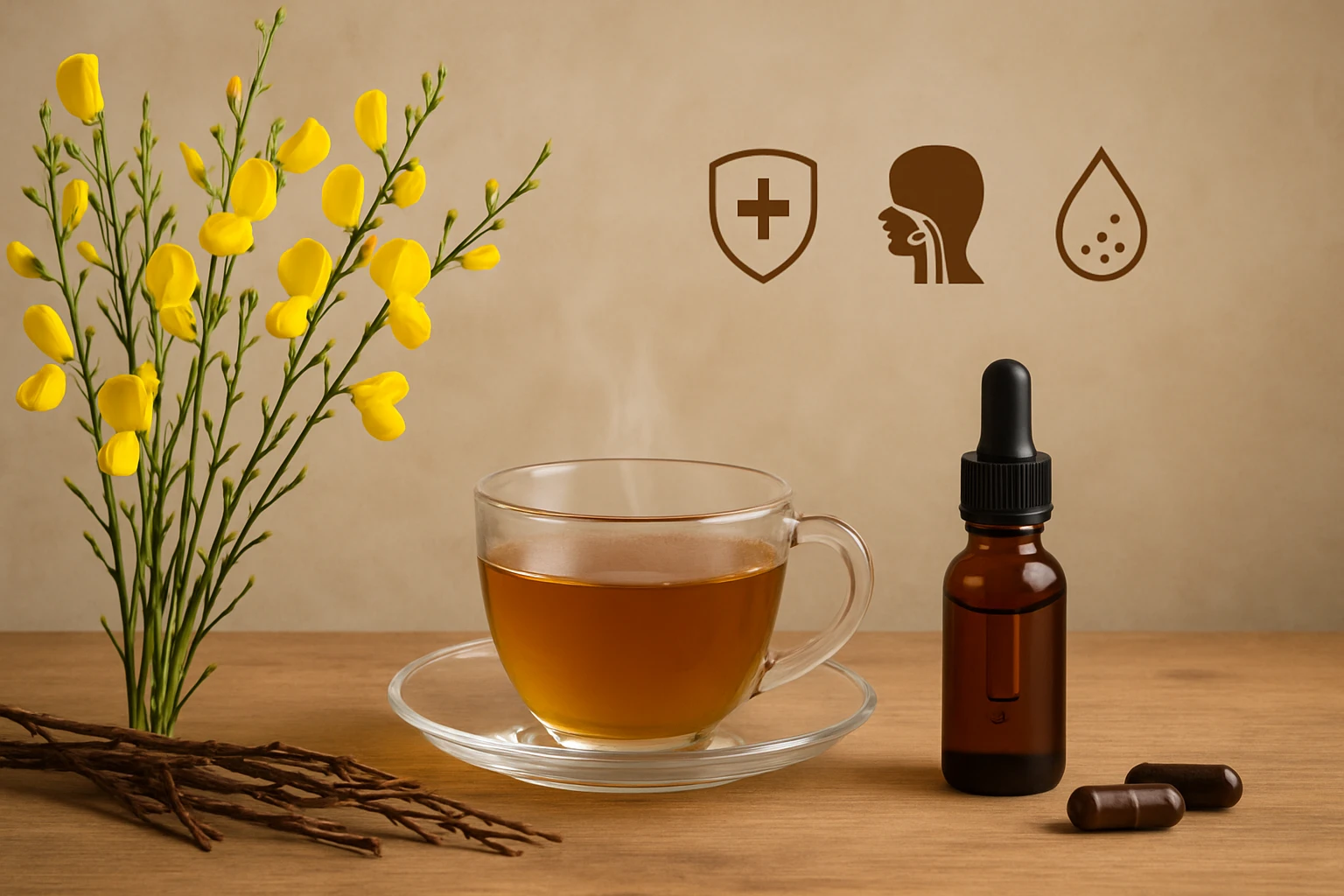 Egy csésze gőzölgő tea, mellette gyógynövények és cseppentős üveg.