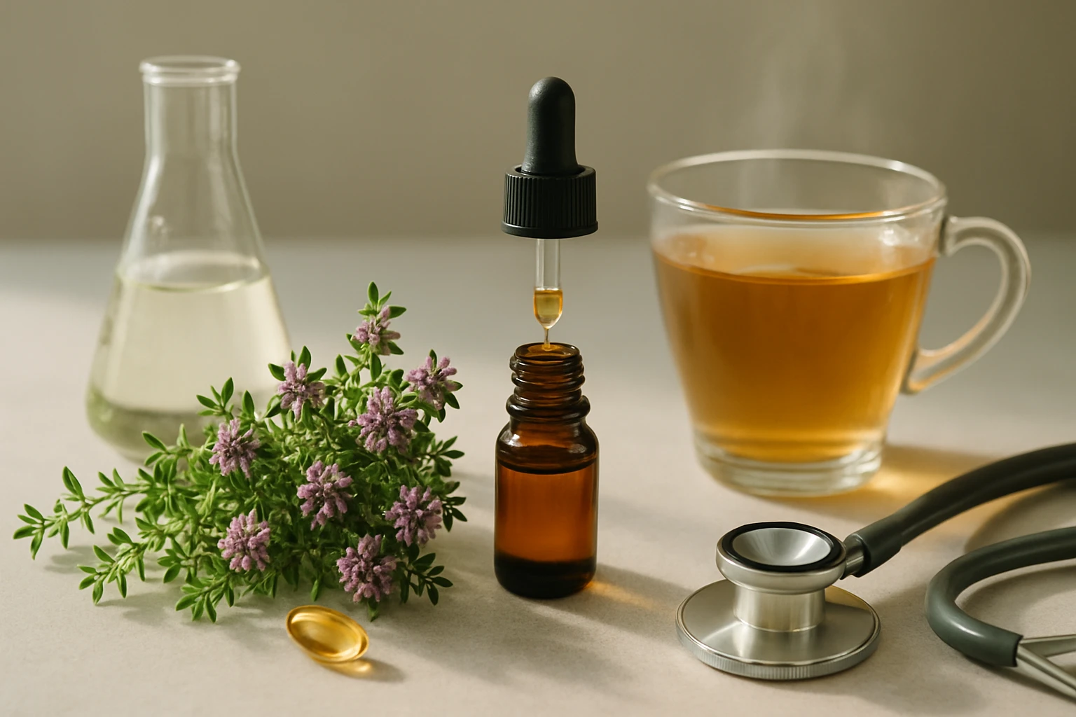 Gyógynövények, olajcseppentő és tea egy asztalon, egészségügyi kontextusban.