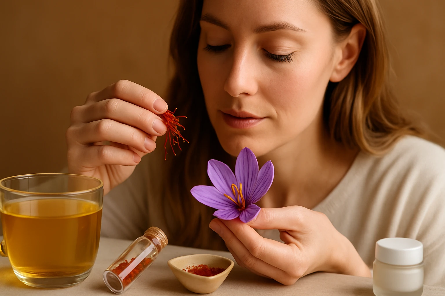 Egy nő a kezeiben sáfrányt és egy lila virágot tart, mellette tea és fűszerek.
