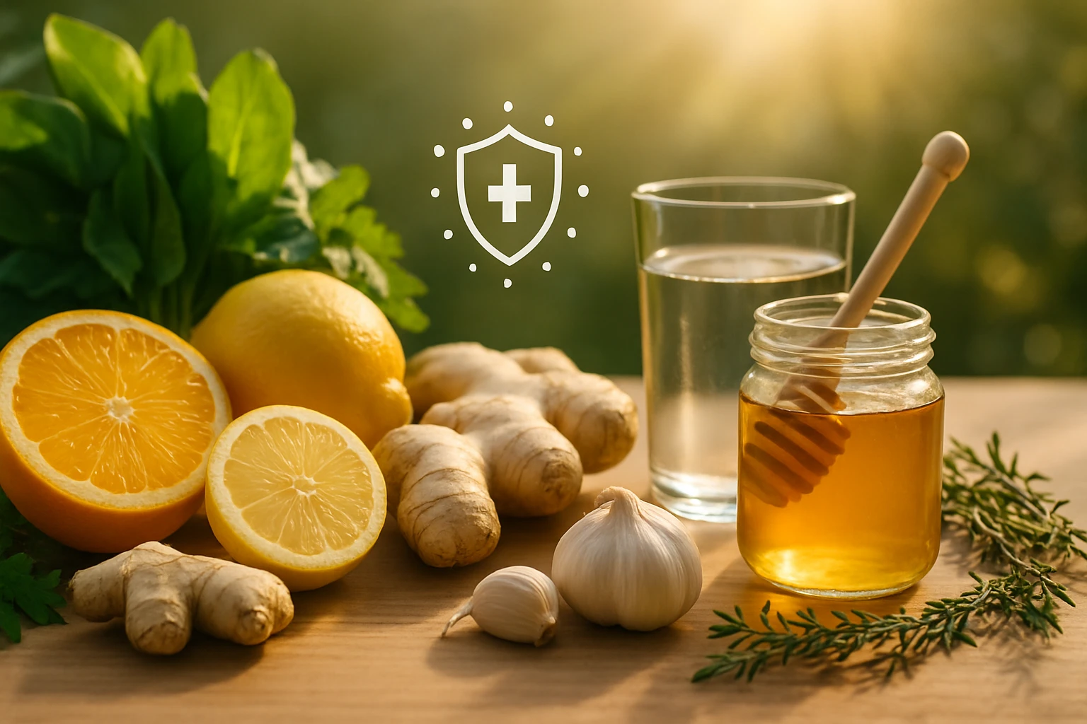 Friss gyümölcsök, gyömbér, fokhagyma és méz egy asztalon, egészséges életmódhoz.