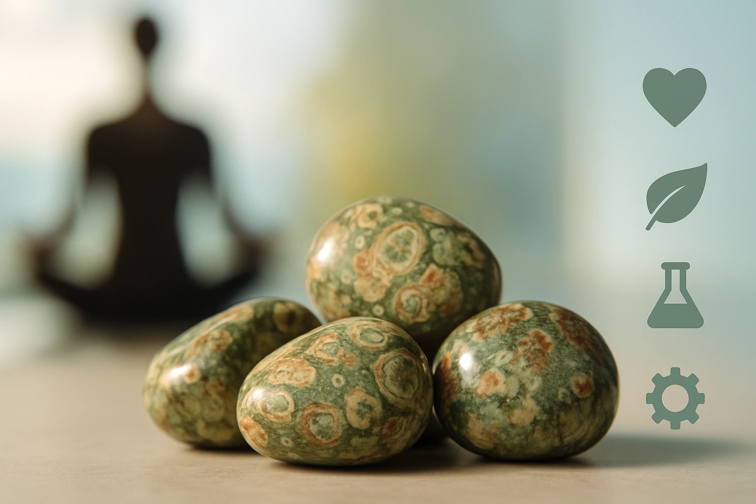 Négy sima, zöldes kövek egy asztalon, háttérben meditáló alak.