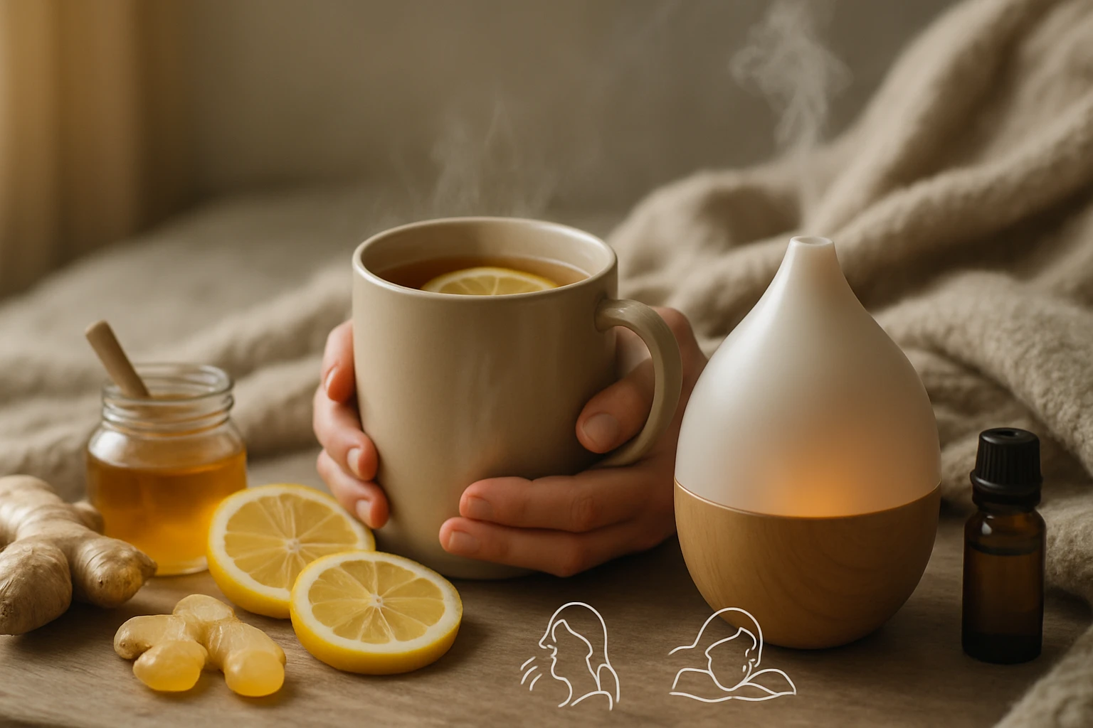 Egy csésze gőzölgő tea citromszeletekkel, méz és gyömbér mellett.