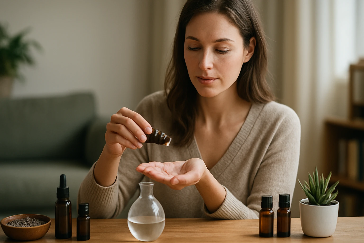 Egy nő cseppentőből olajat adagol a tenyerébe, természetes környezetben.