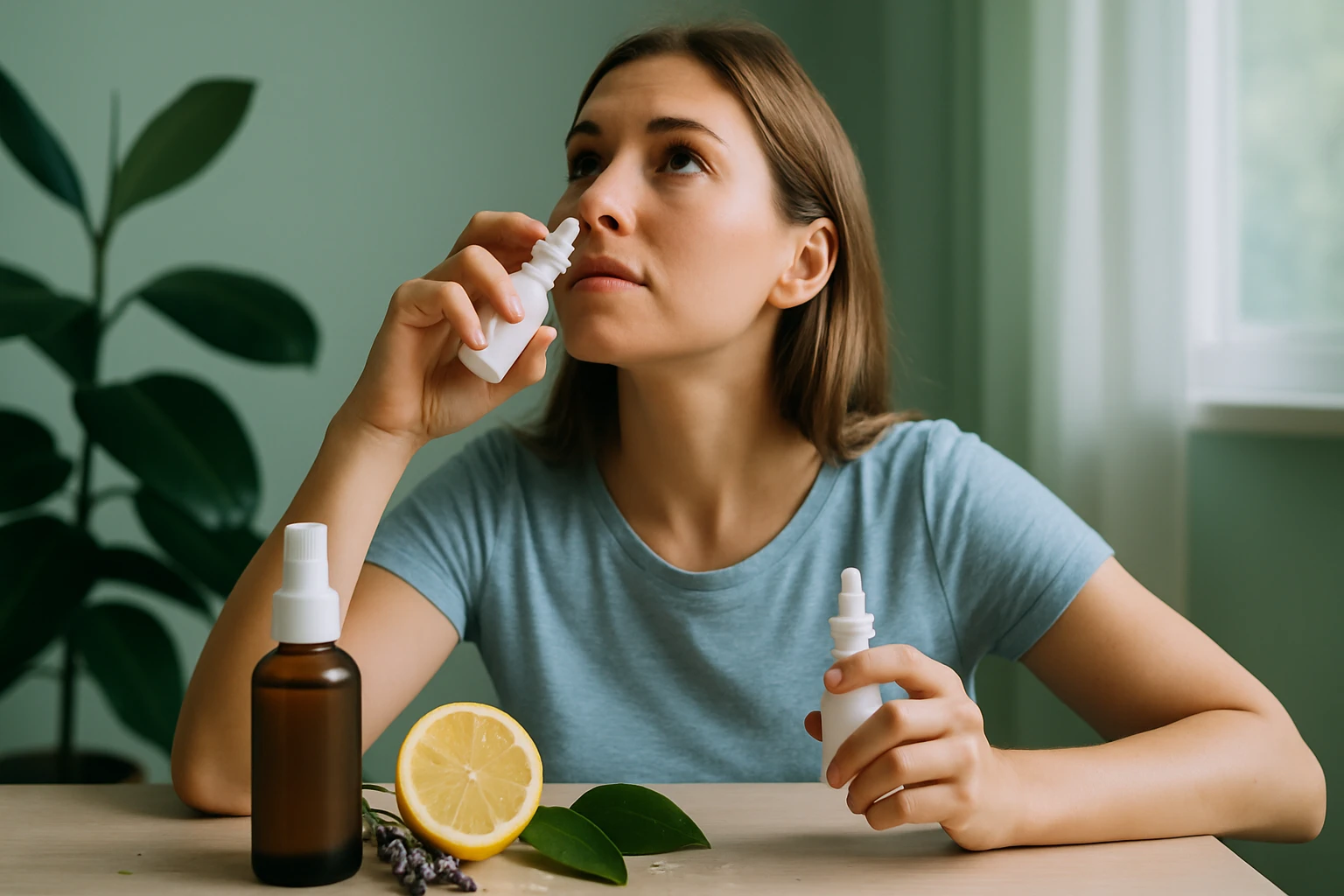 Egy nő orrspray-t használ, mellette citrom és növények láthatók.