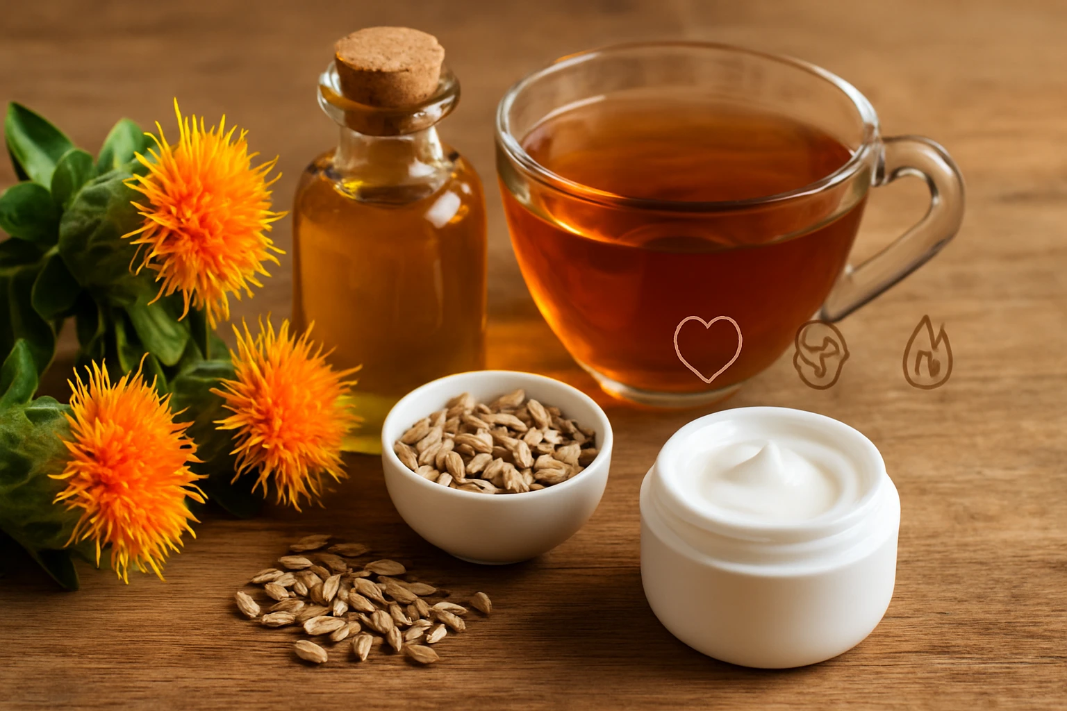 Egy üveg olaj, egy csésze tea, virágok és magvak egy asztalon.