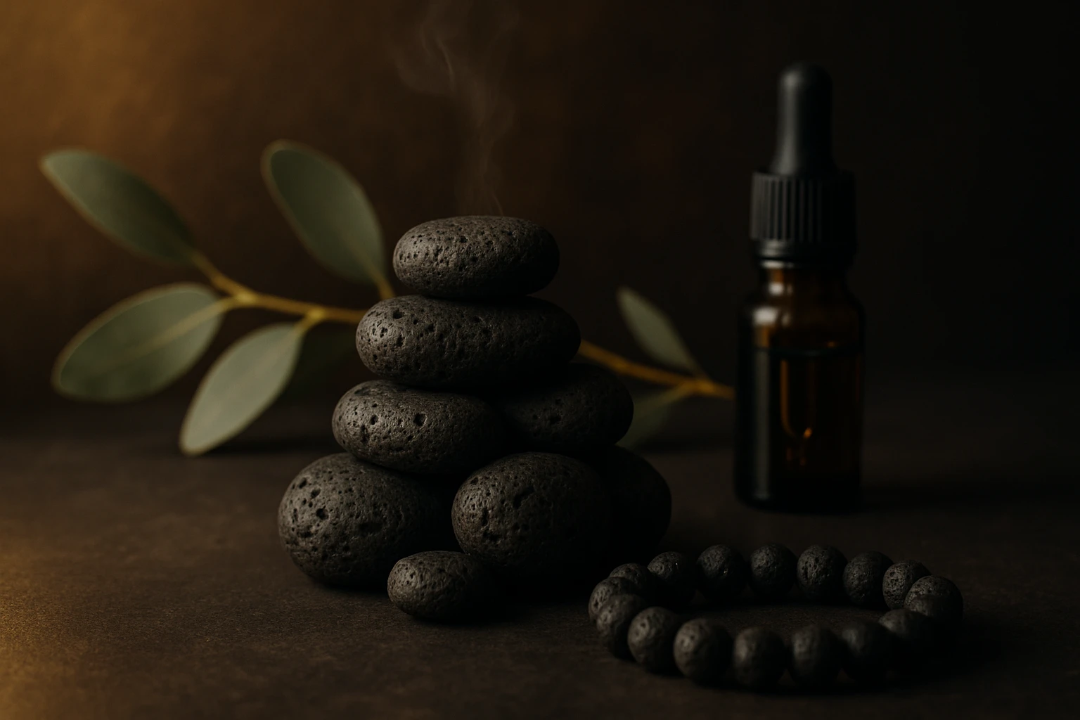 Fekete vulkáni kövek halmaza, mellette illóolaj és fűszernövények.