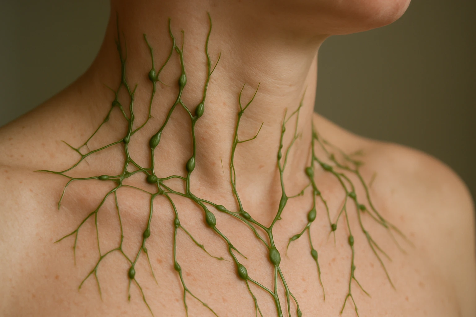 Zöld növényi motívumokkal díszített női nyak, természetes szépség.