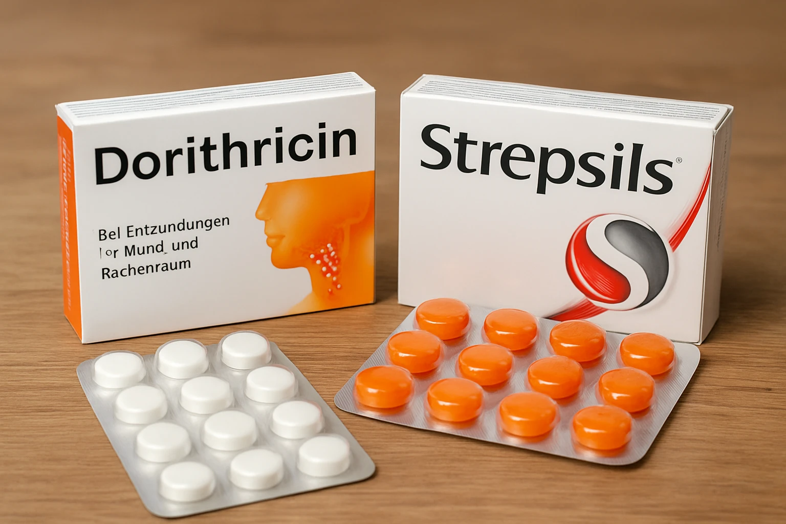 Két doboz torokfertőtlenítő és fájdalomcsillapító tabletta, fehér és narancssárga színben.