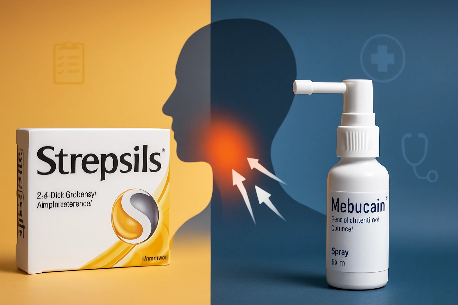 Két torokfájás elleni gyógyszer, Strepsils és Mebucain spray, háttérben egészségügyi szimbólumokkal.