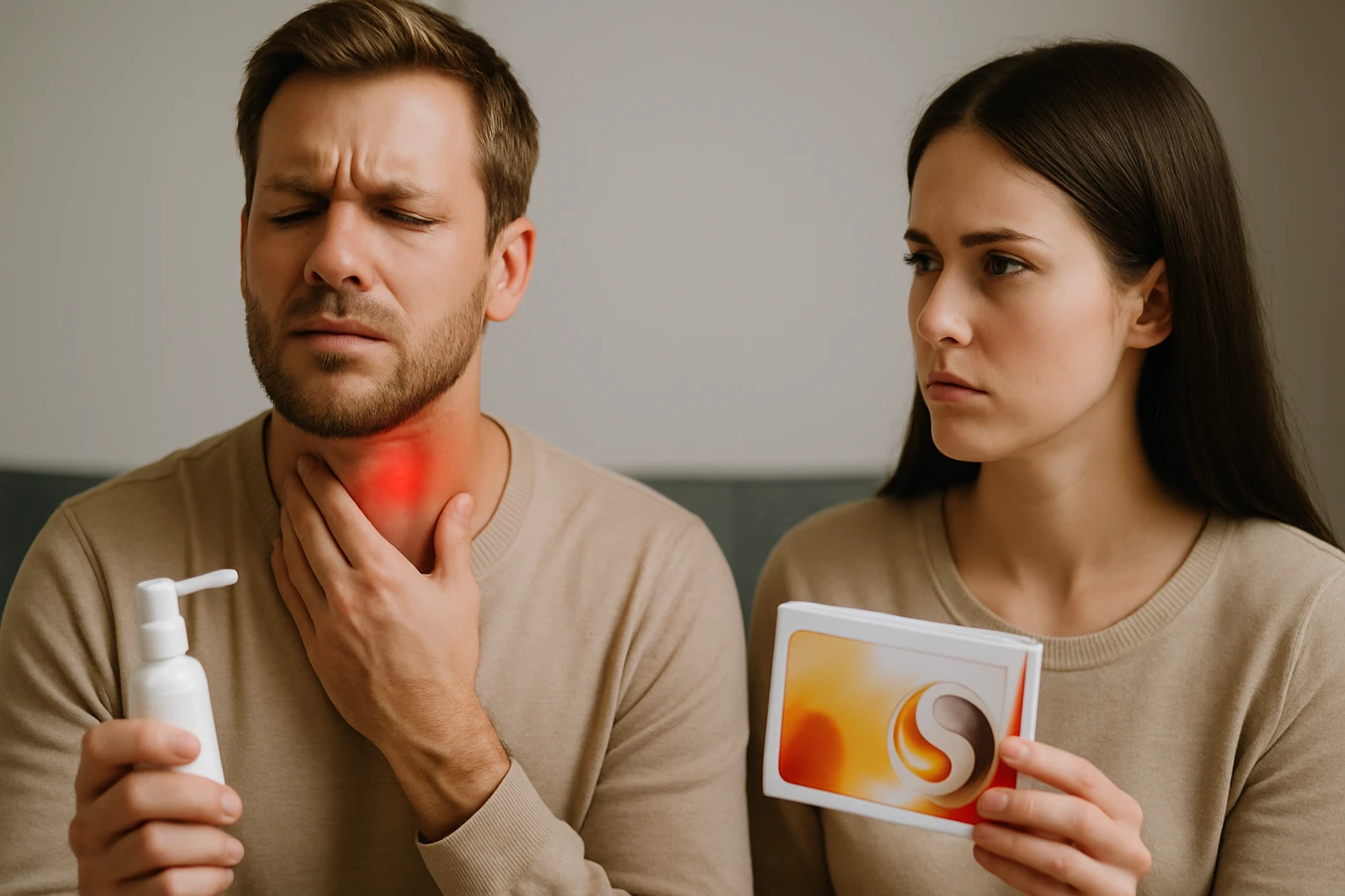 Egy férfi torokfájással küzd, míg egy nő aggódva nézi, kezében gyógyszerrel.